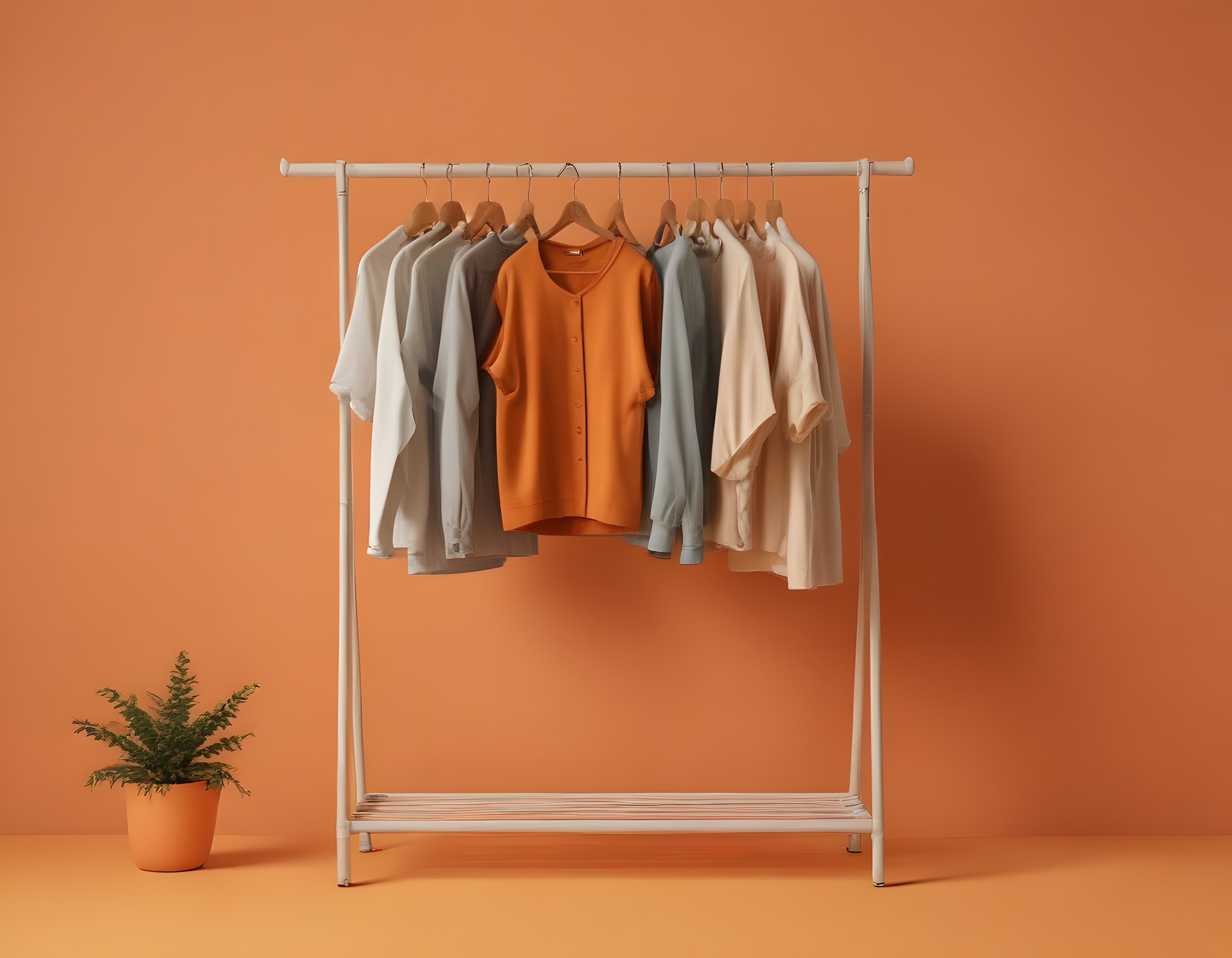 Turuncu Studio Arka Fonda Minimalist Beyaz Askı ve Düzenli Basic Giyim Ürünleri