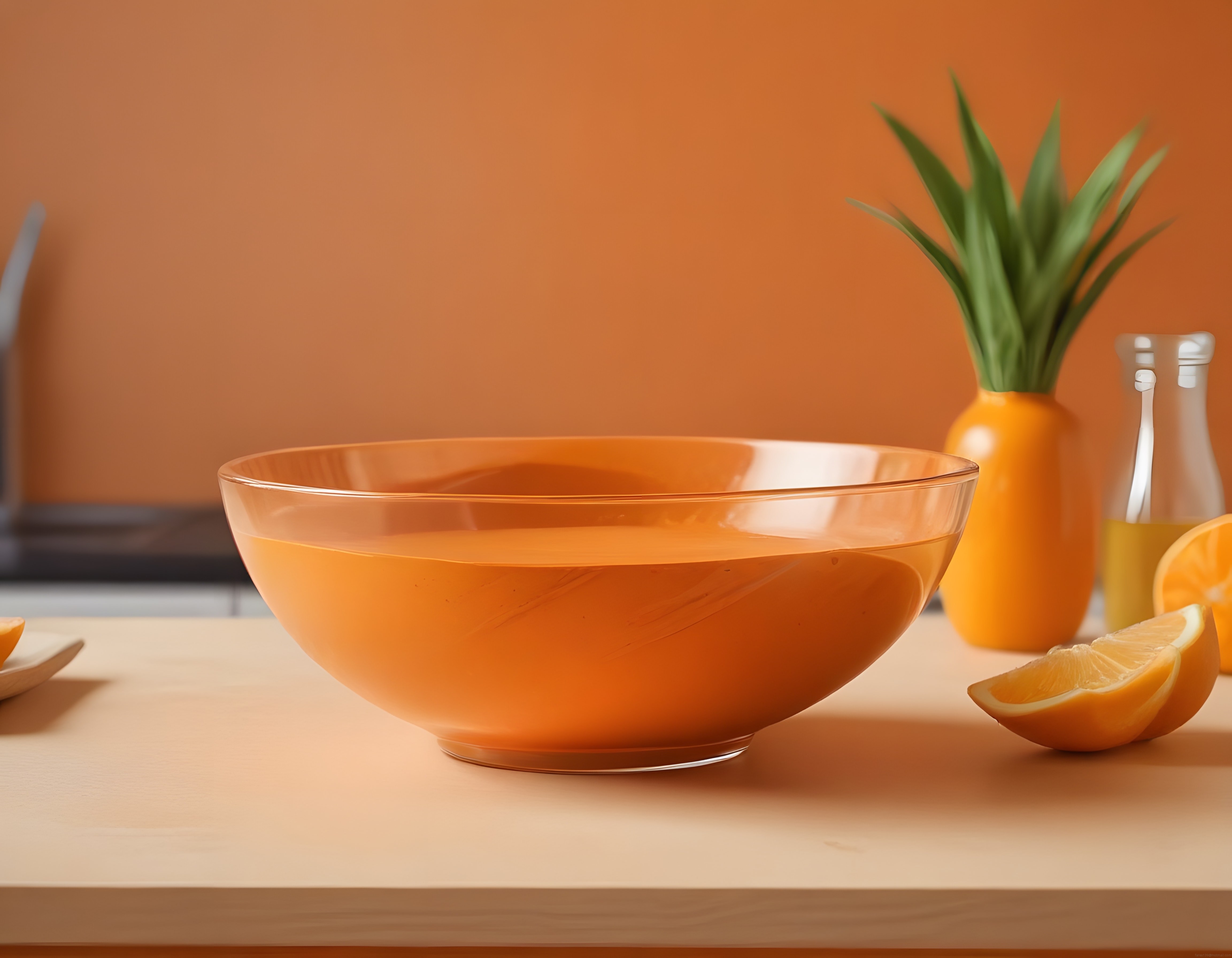 Turuncu tonlarda minimalist mutfak sahnesi şeffaf kase ve portakal dilimleri