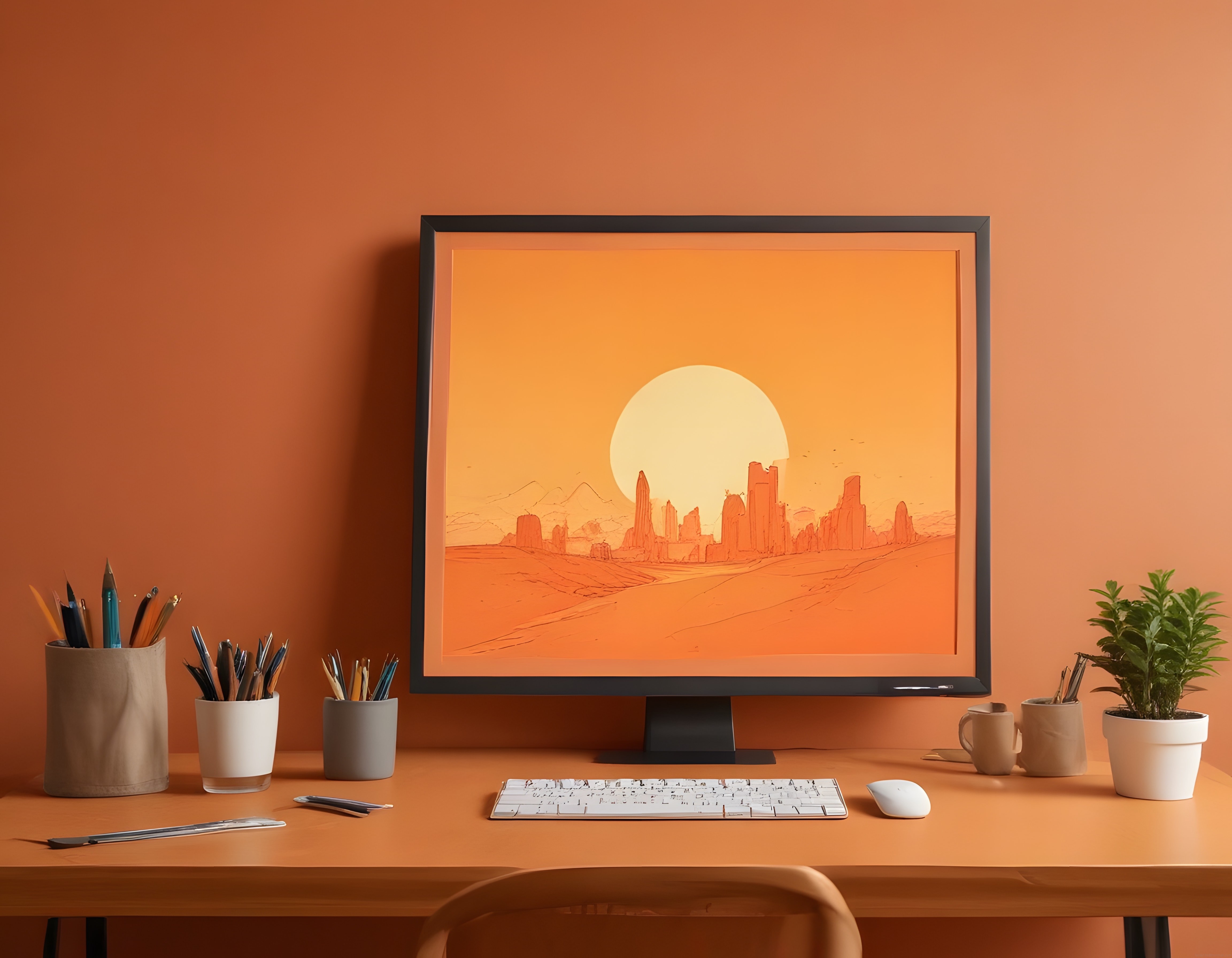 Turuncu Tonlarında Dijital Sanat Çalışma Alanı ve Çöl Manzaralı Monitör