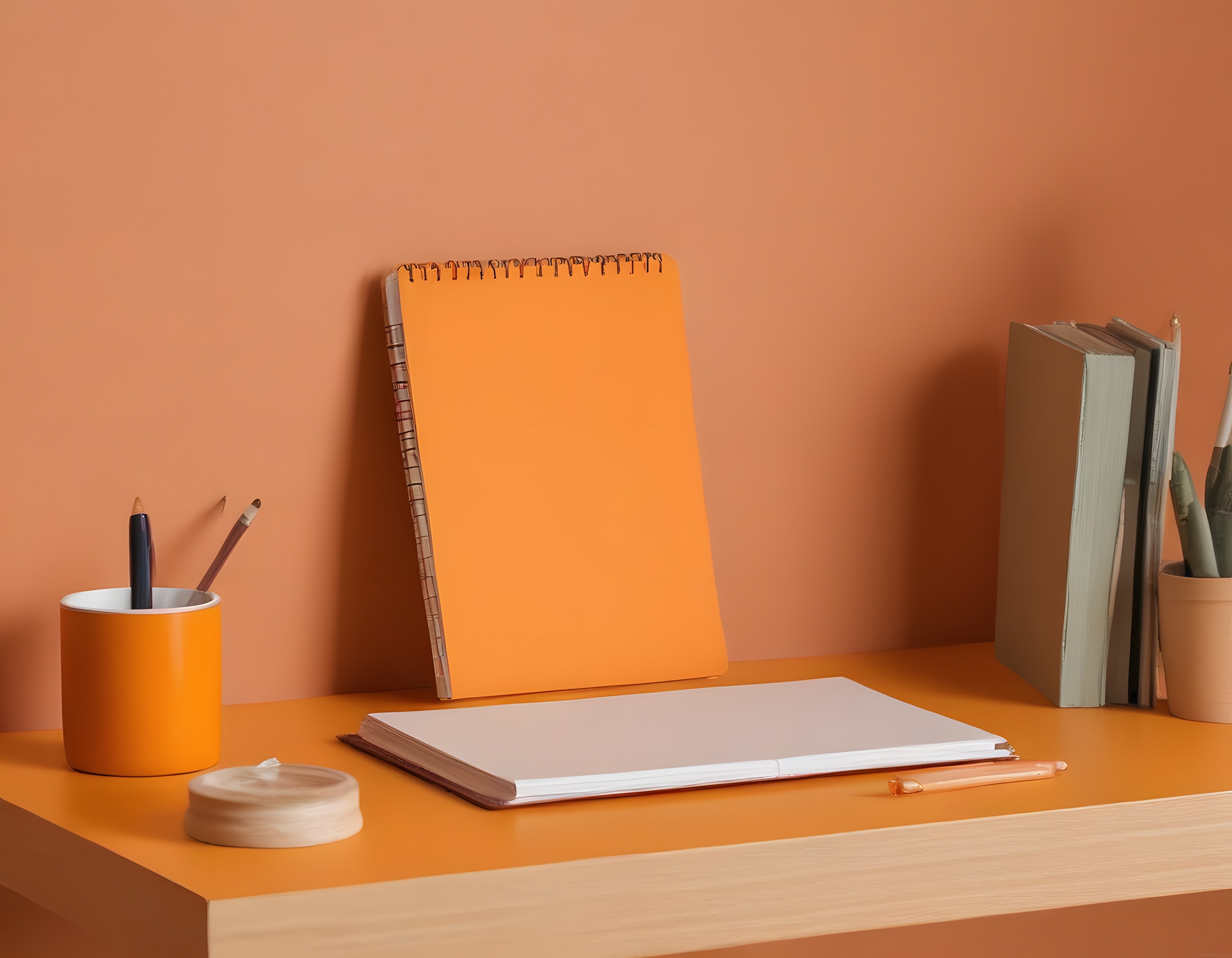 Turuncu Tonlarında Minimal Çalışma Masası Düzeni ve Ofis Dekorasyonu