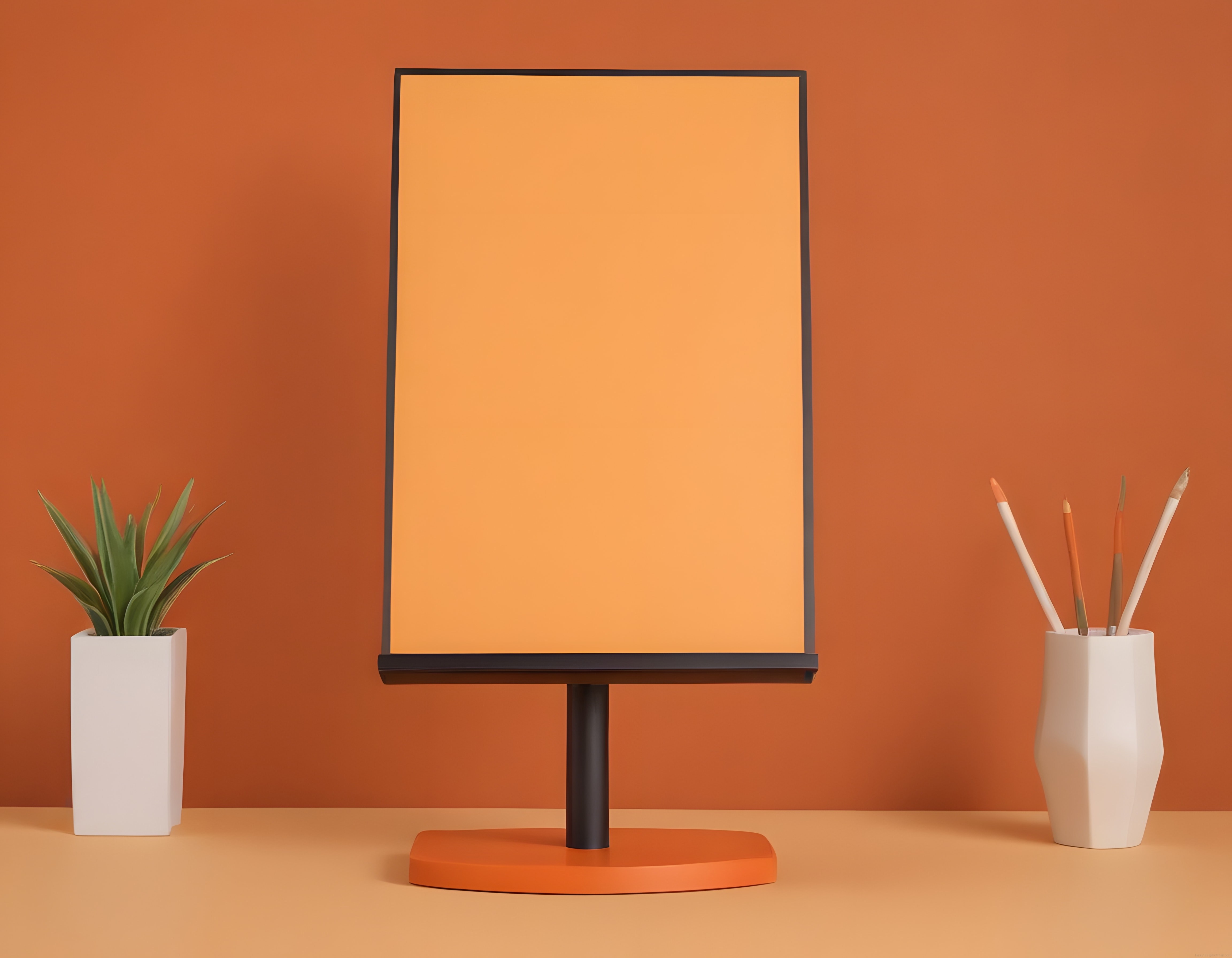 Turuncu tonlarında minimalist çalışma köşesi: Modern monitör, bitki ve sanatsal detaylar