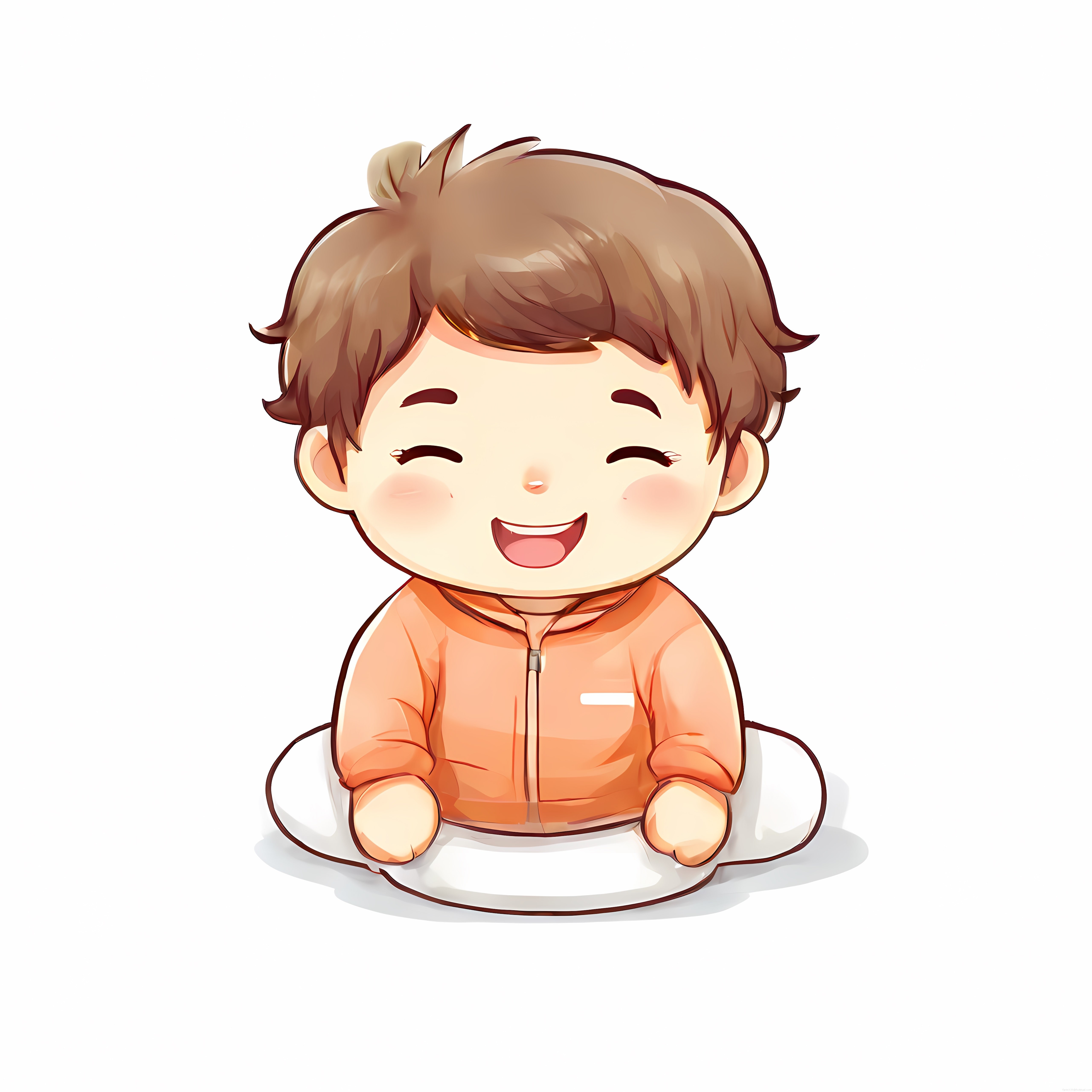 turuncu tulumlu sevimli chibi bebek karakteri oturmuş neşeyle gülümsüyor
