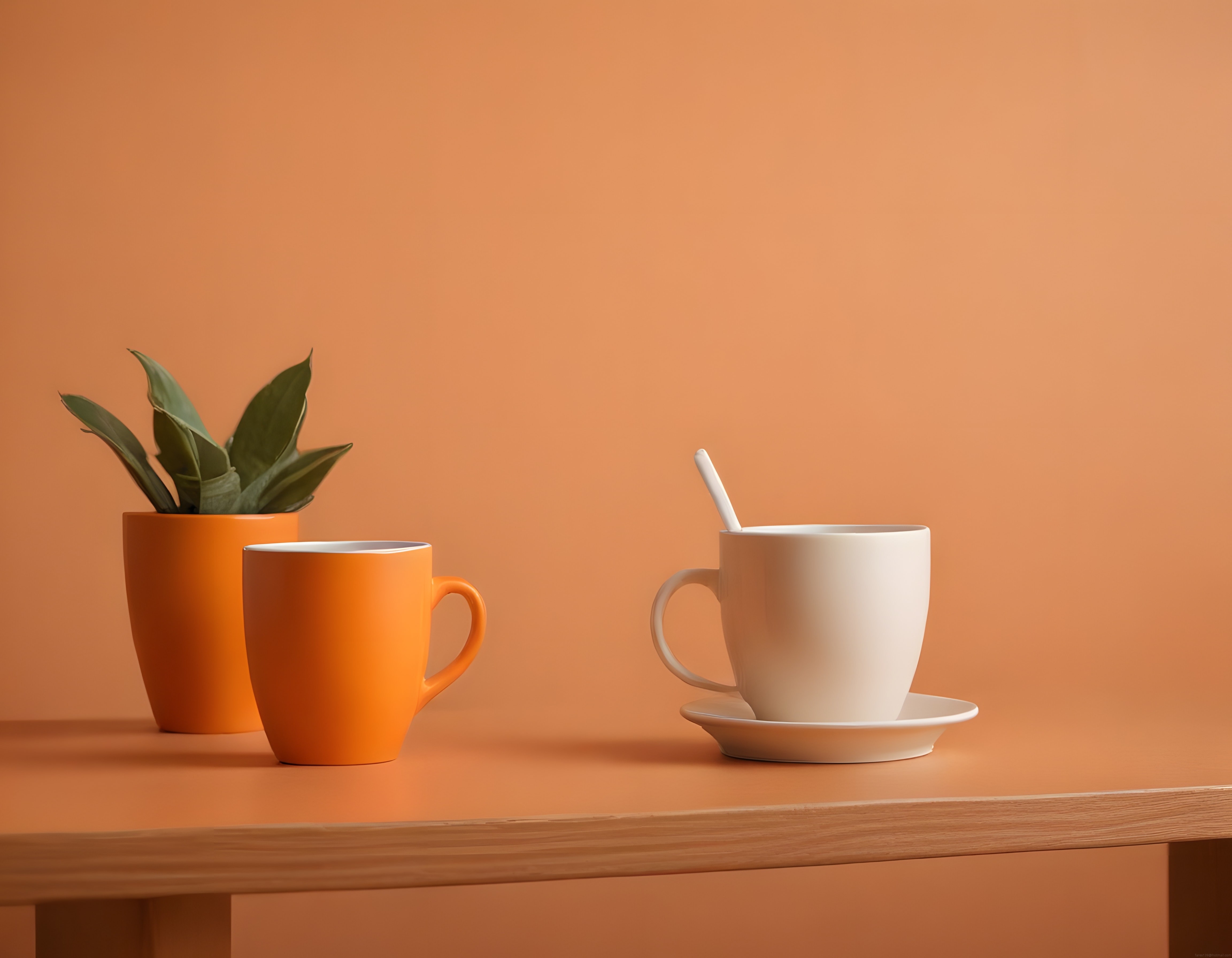 Turuncu ve Beyaz Kupalarla Sıcak Tonlarda Minimalist Masa Dekoru