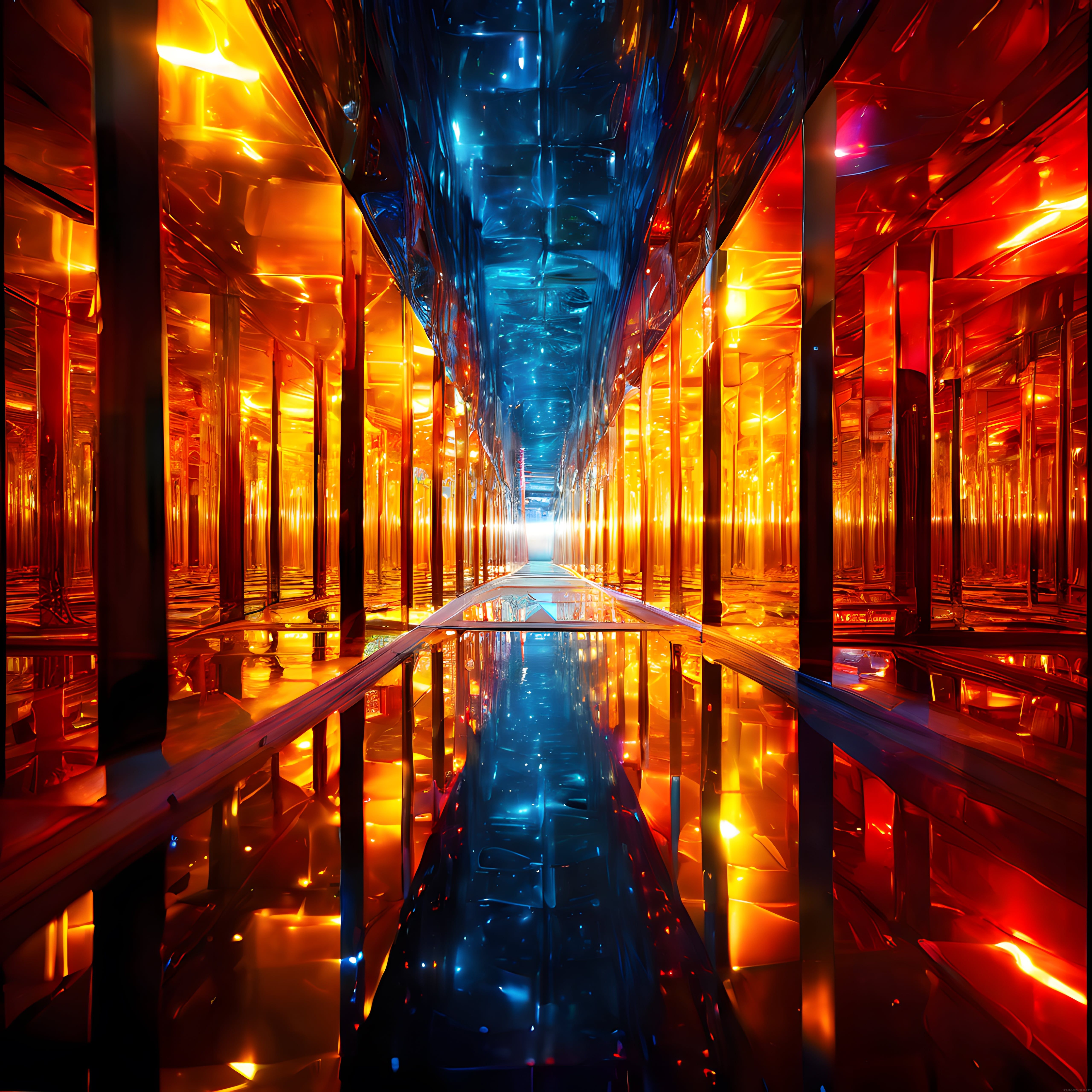 Turuncu ve mavi neonların dans ettiği cyberpunk tarzı sonsuz yansımalı koridor