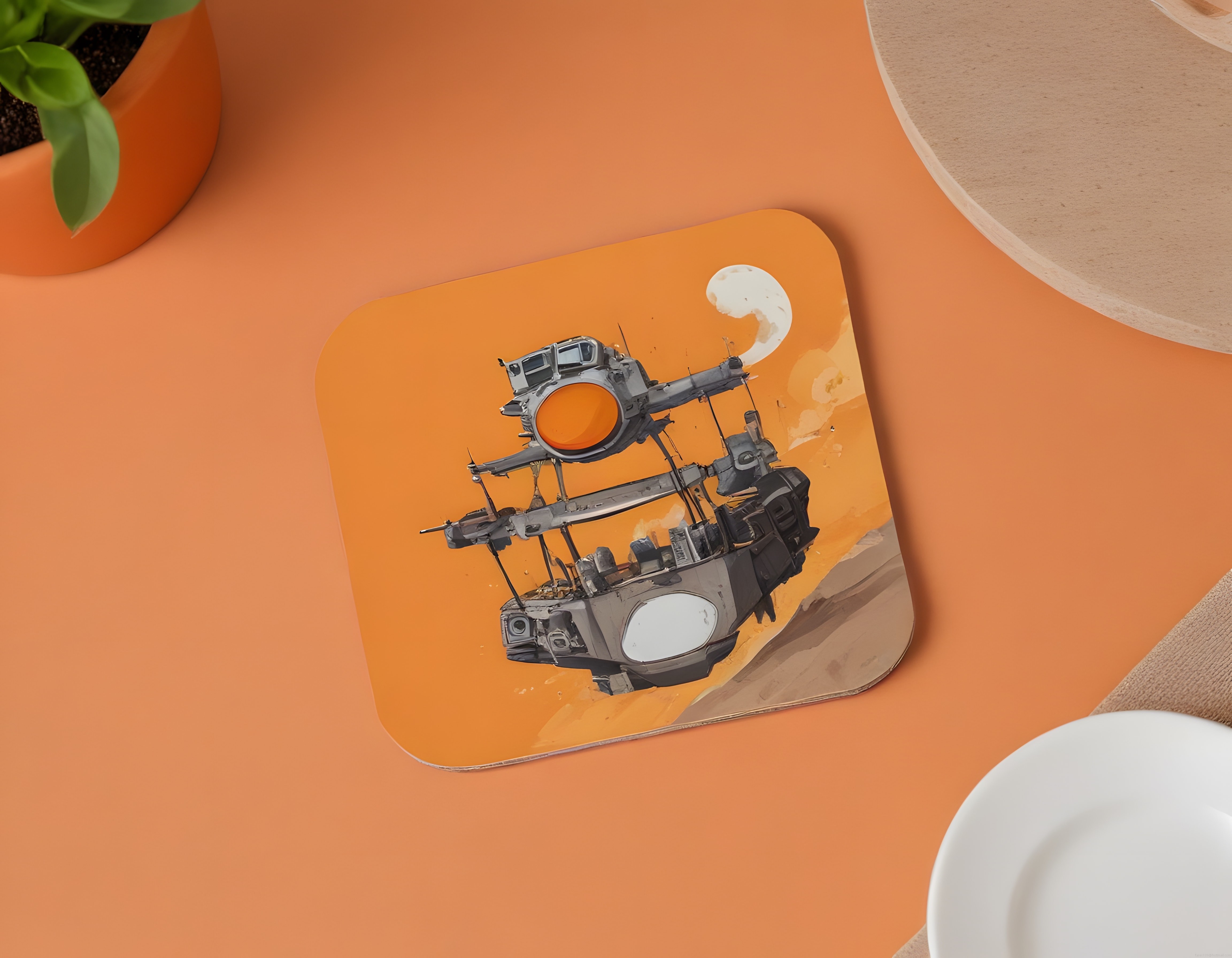 turuncu zeminde bilim kurgu uzay gemisi tasarımlı mousepad ürün çekimi