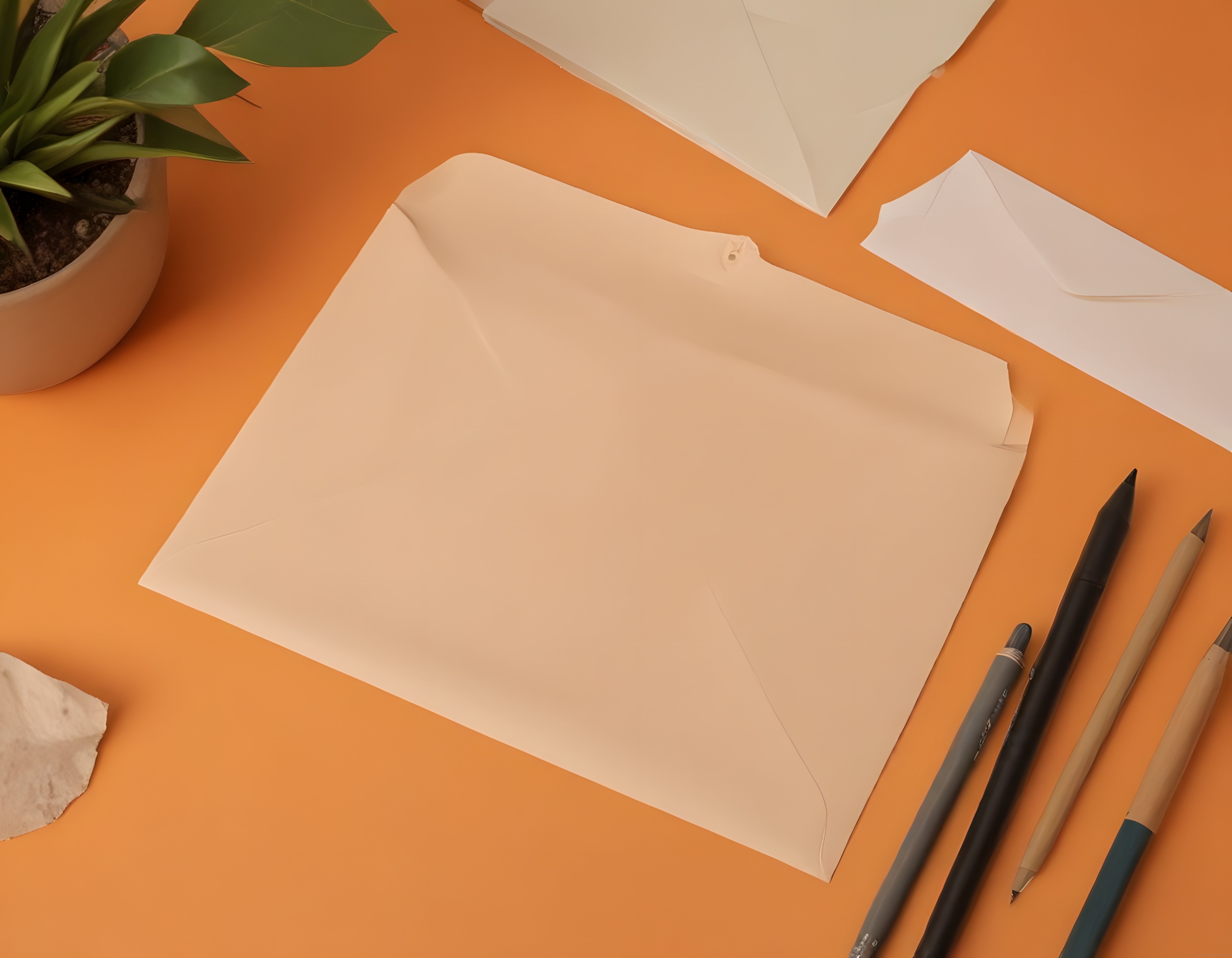 Turuncu zeminde çizim kağıtları ve kalem setiyle estetik sanat masası düzeni