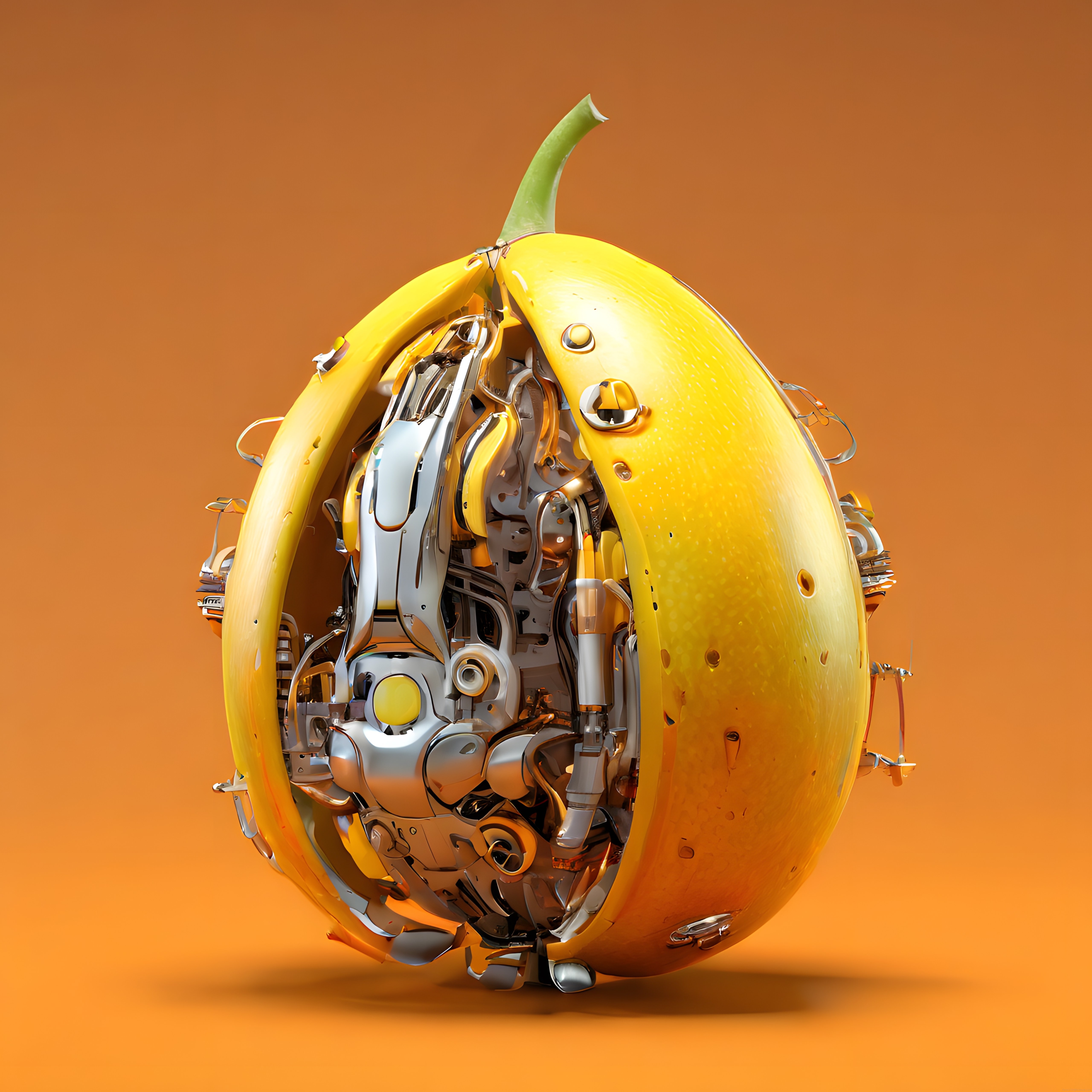 Turuncu zeminde parıldayan mekanik limon: dijital sanat ve robotik detaylar