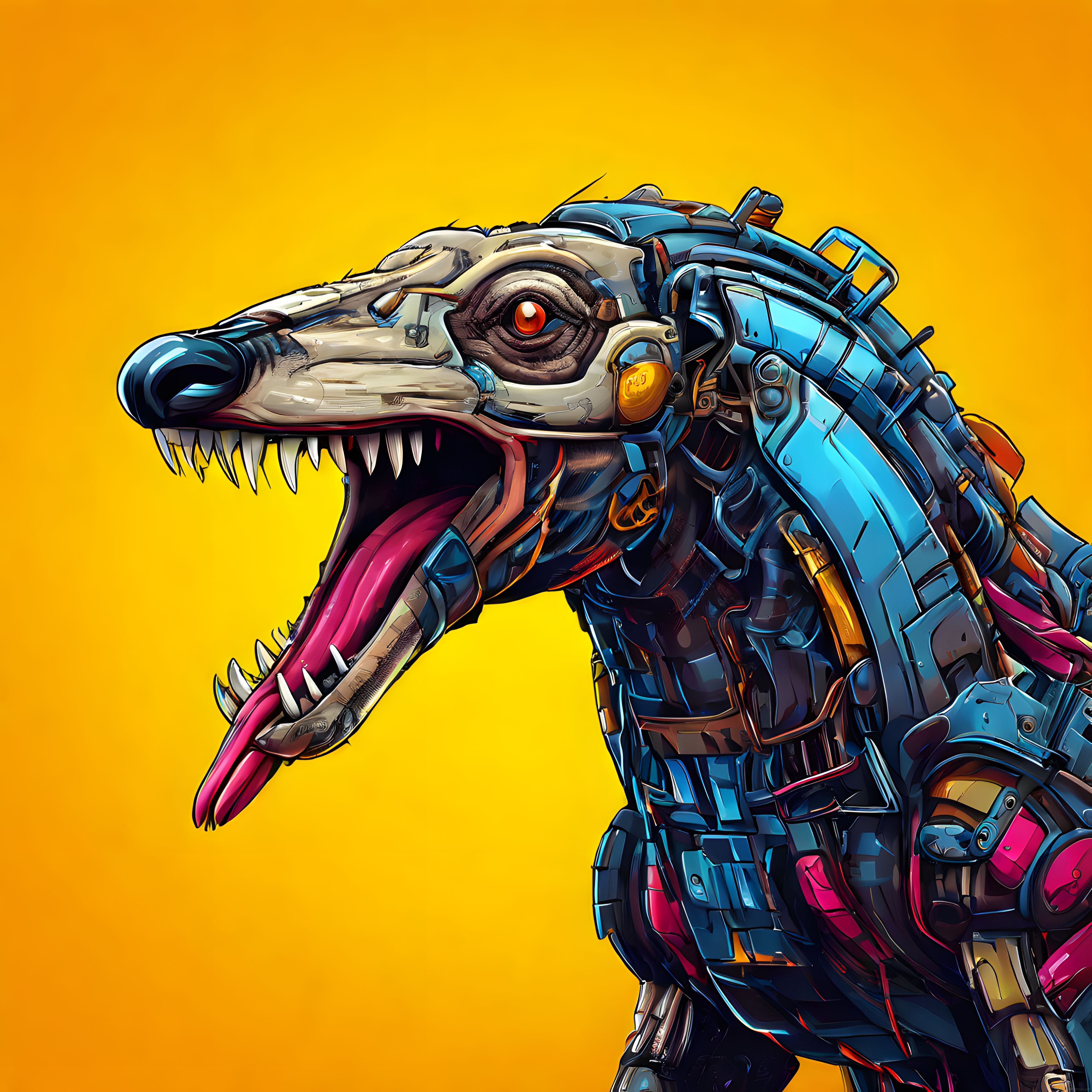 Turuncu Zeminde Parlayan Çelik Dişli Biyonik T-Rex İllüstrasyonu