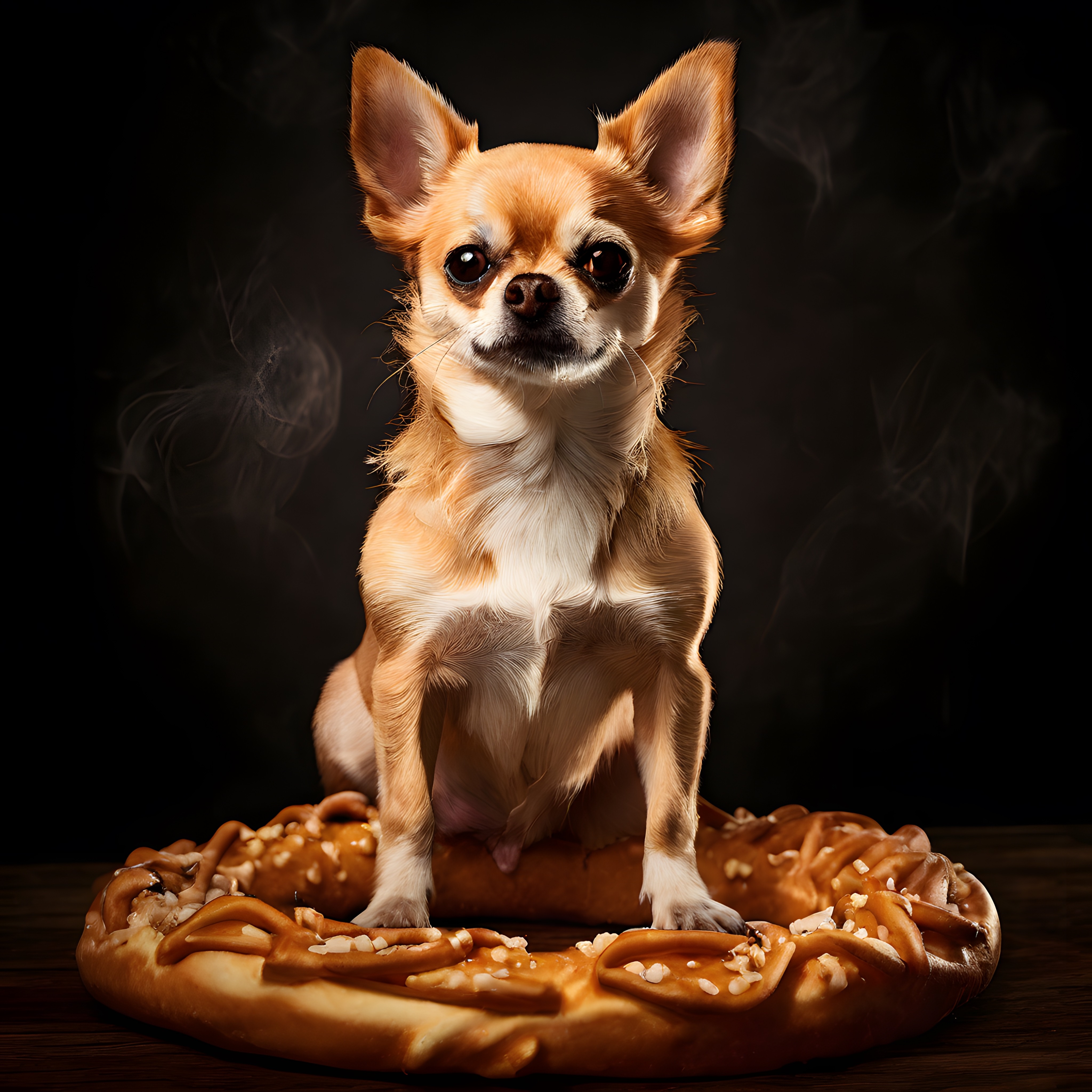 Tuzlu Pretzel Üzerinde Dramatik Aydınlatmayla Oturan Sevimli Chihuahua