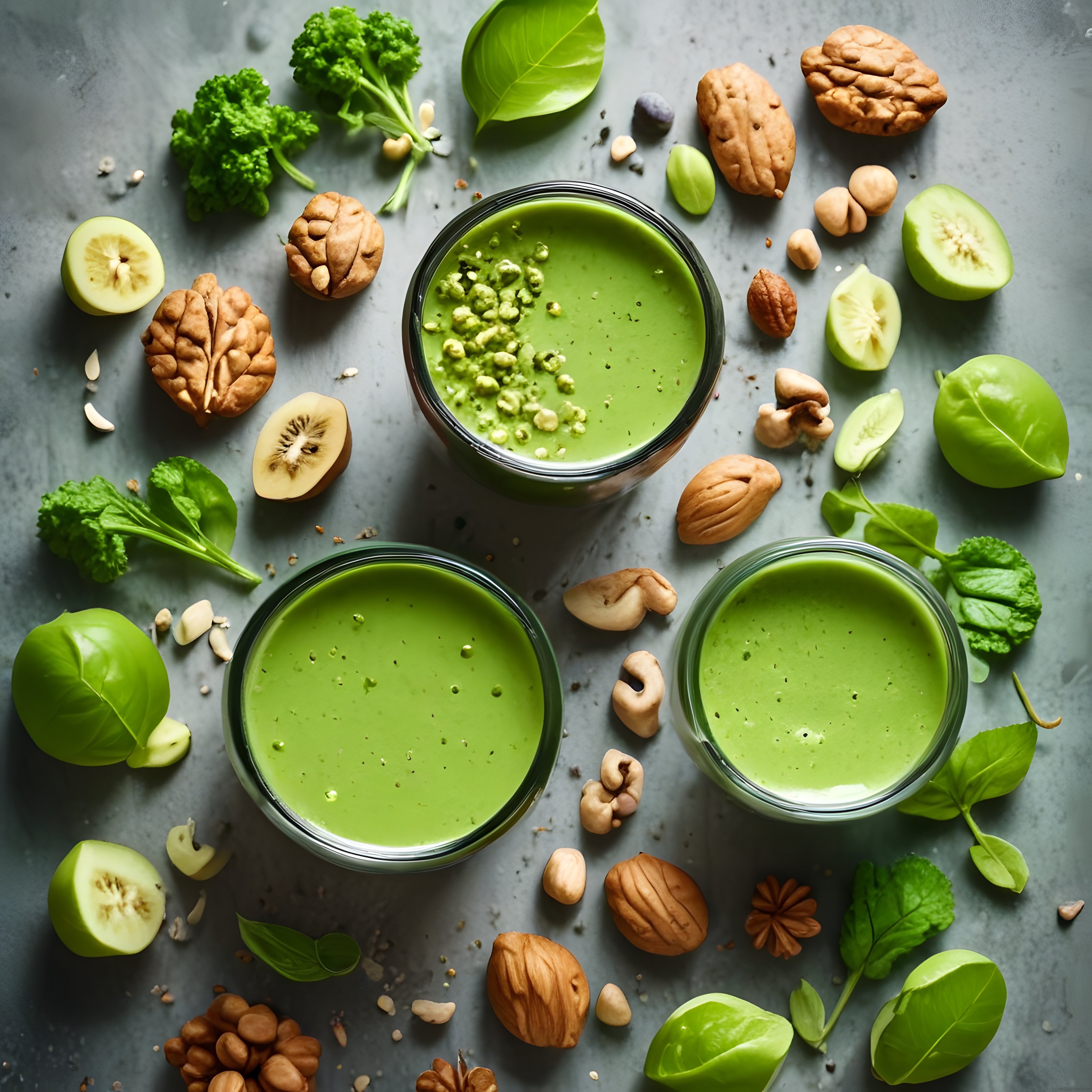 Üç Bardak Yeşil Smoothie ve Taze Malzemelerle Sağlıklı Bir Sofra Düzenlemesi