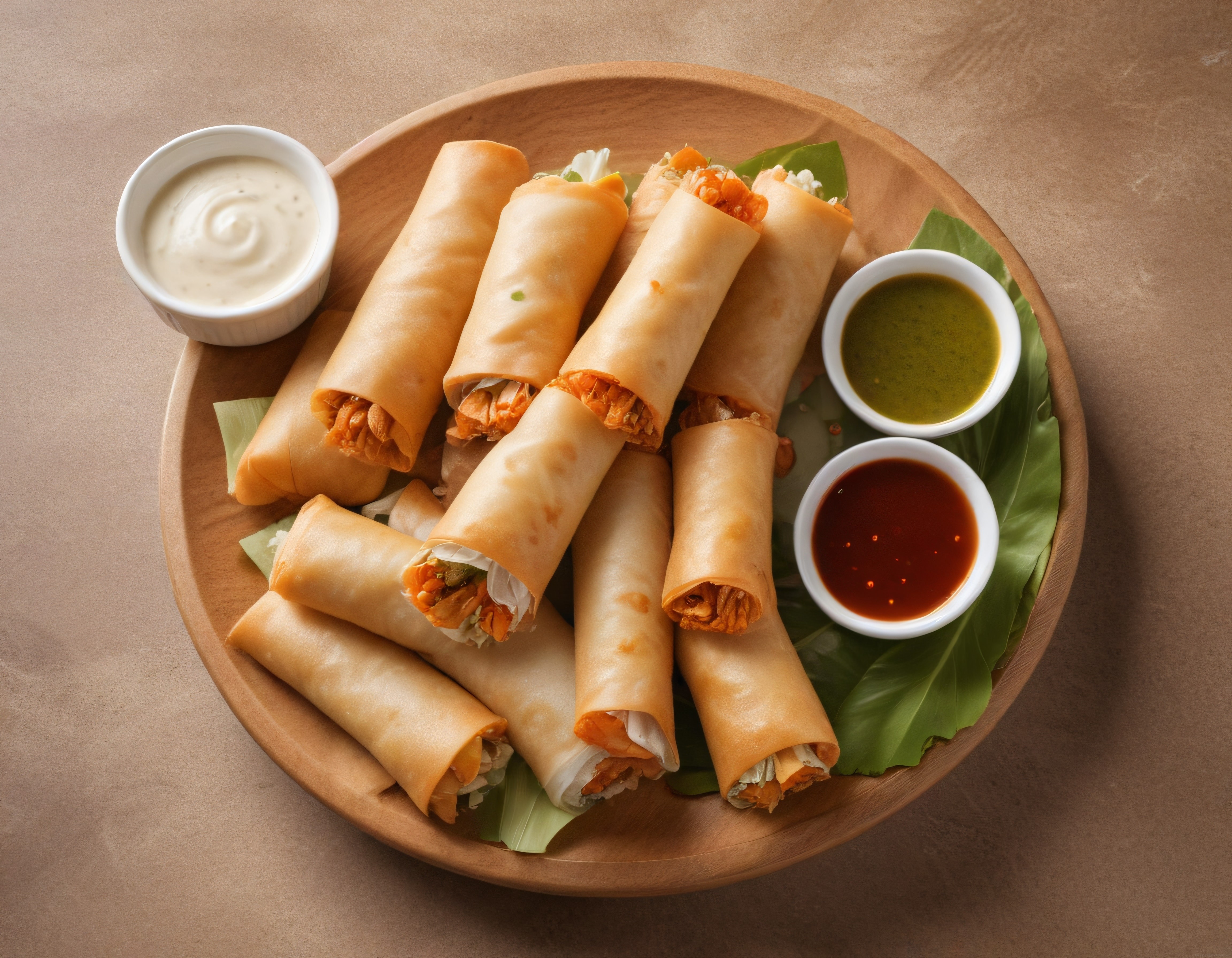 Üç Farklı Sos Eşliğinde Ahşap Tabakta Çıtır Spring Roll Sunumu