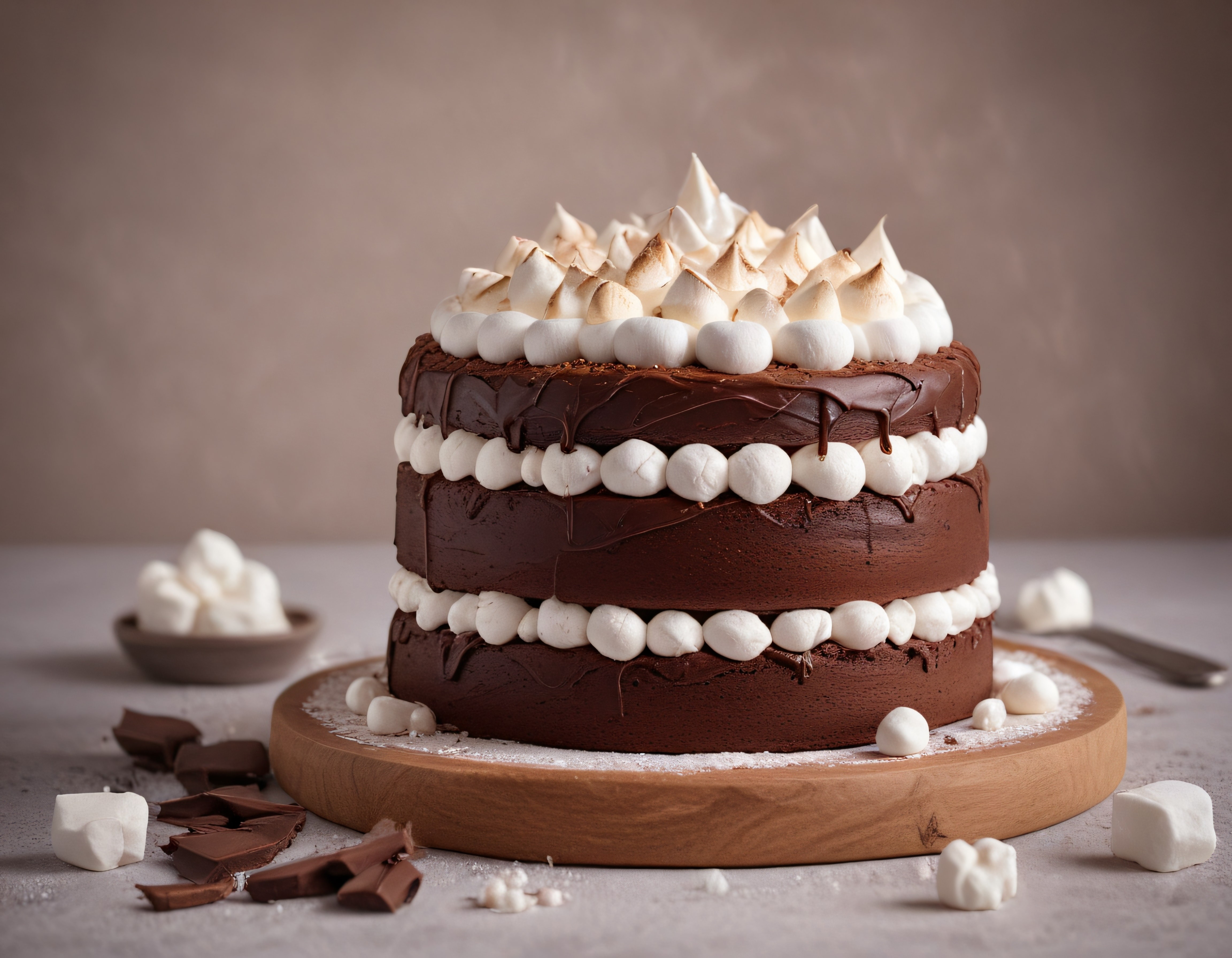 üç katlı çikolata pastası üzerine kızartılmış mereng ve marshmallow süslemeleri