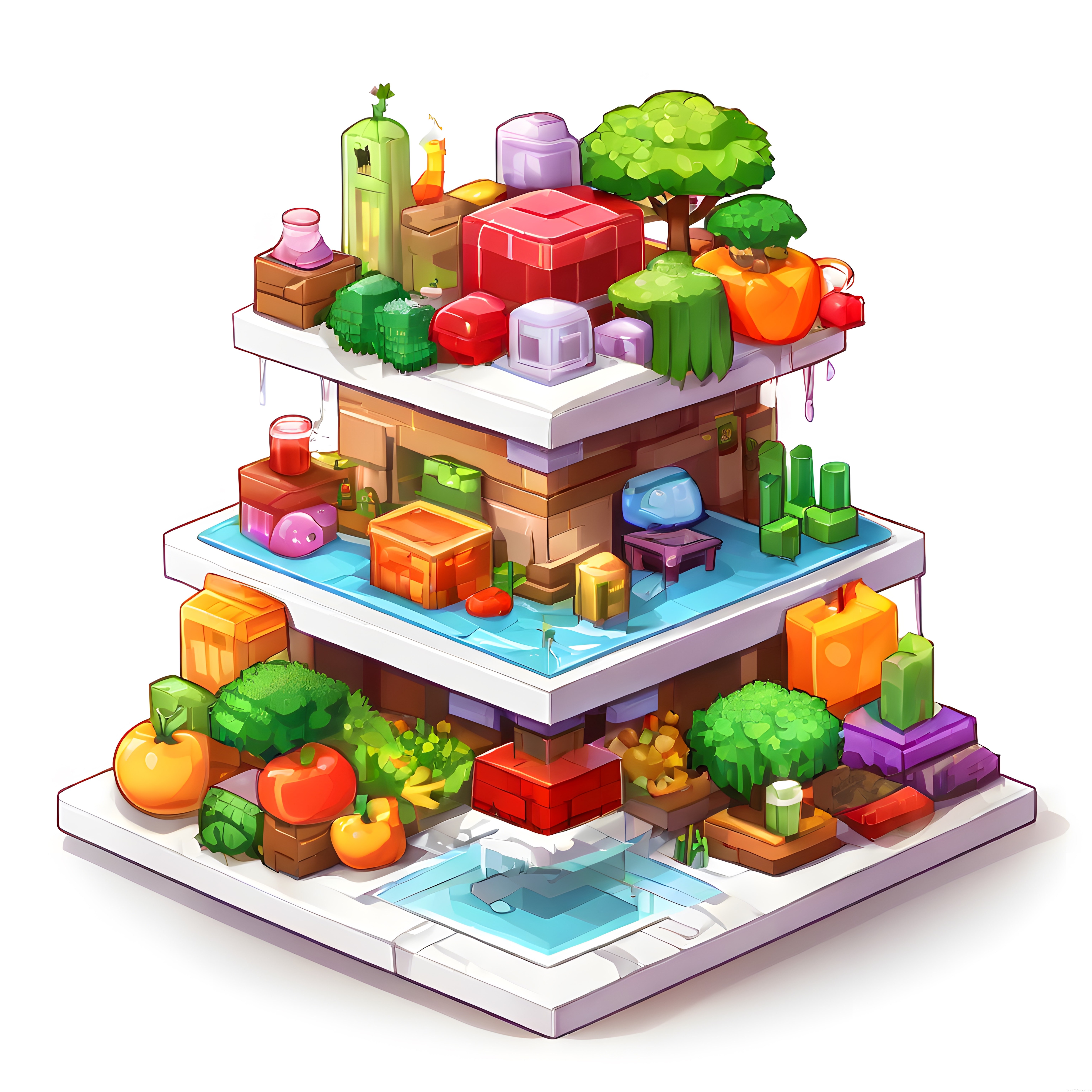 Üç Katlı İzometrik Voxel Bahçe: Renkli Bloklar, Sebzeler ve Mini Ağaçlarla Dijital Dünya