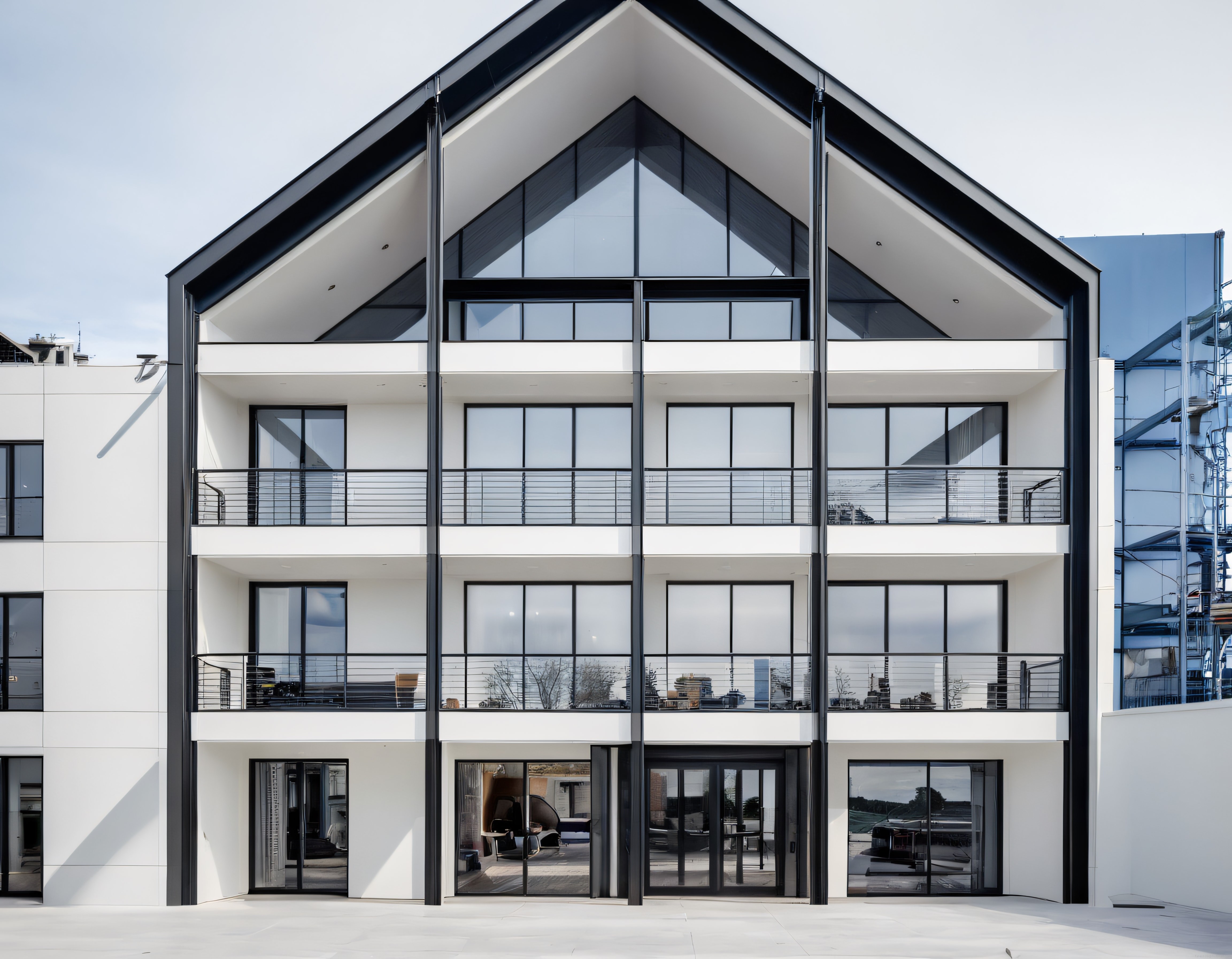 üç katlı modern apartman binası cephesi çatı katı ve siyah metal detayları