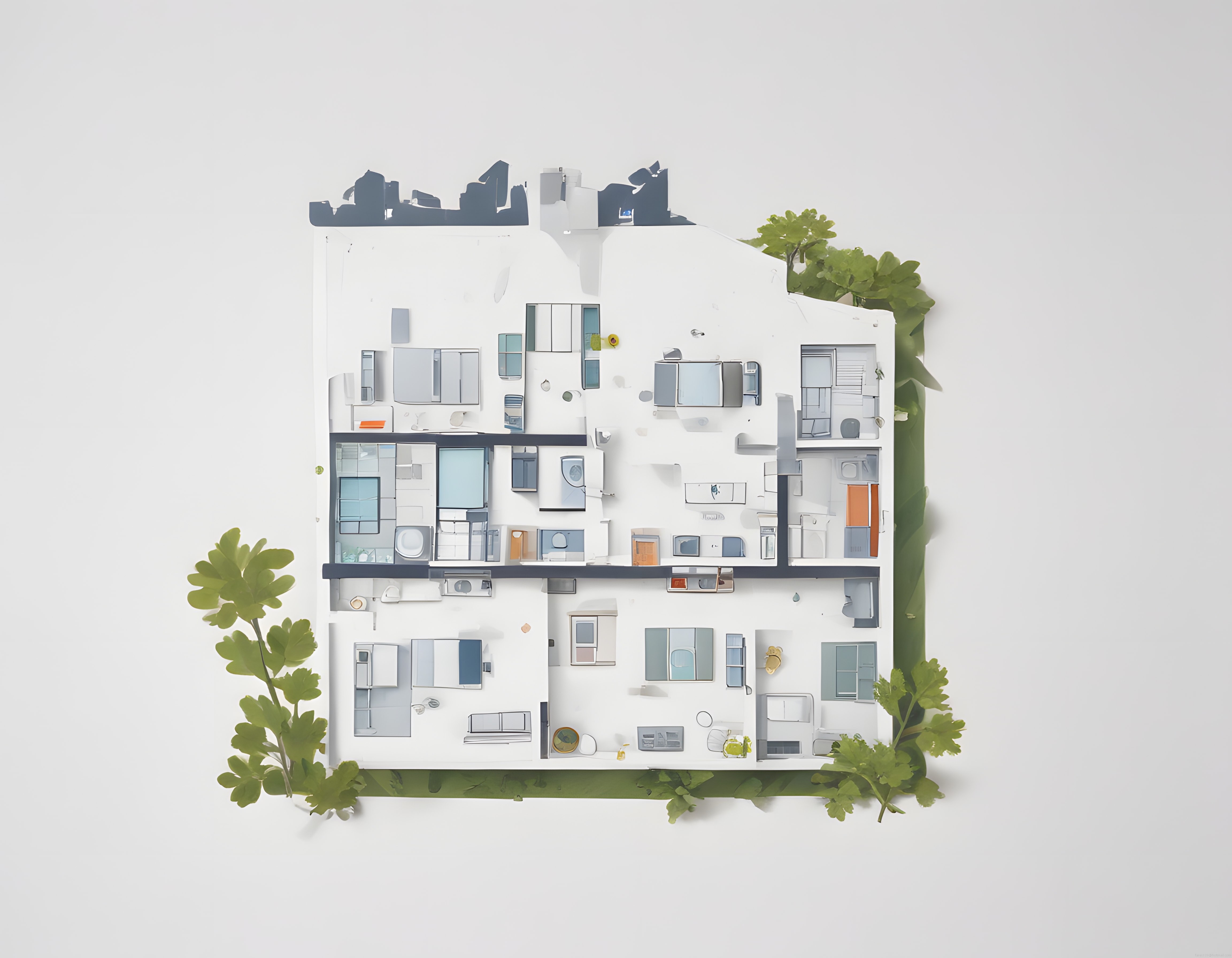 Üç katlı modern apartmanın iç mekan kesit maketi ve detaylı mimari model çalışması