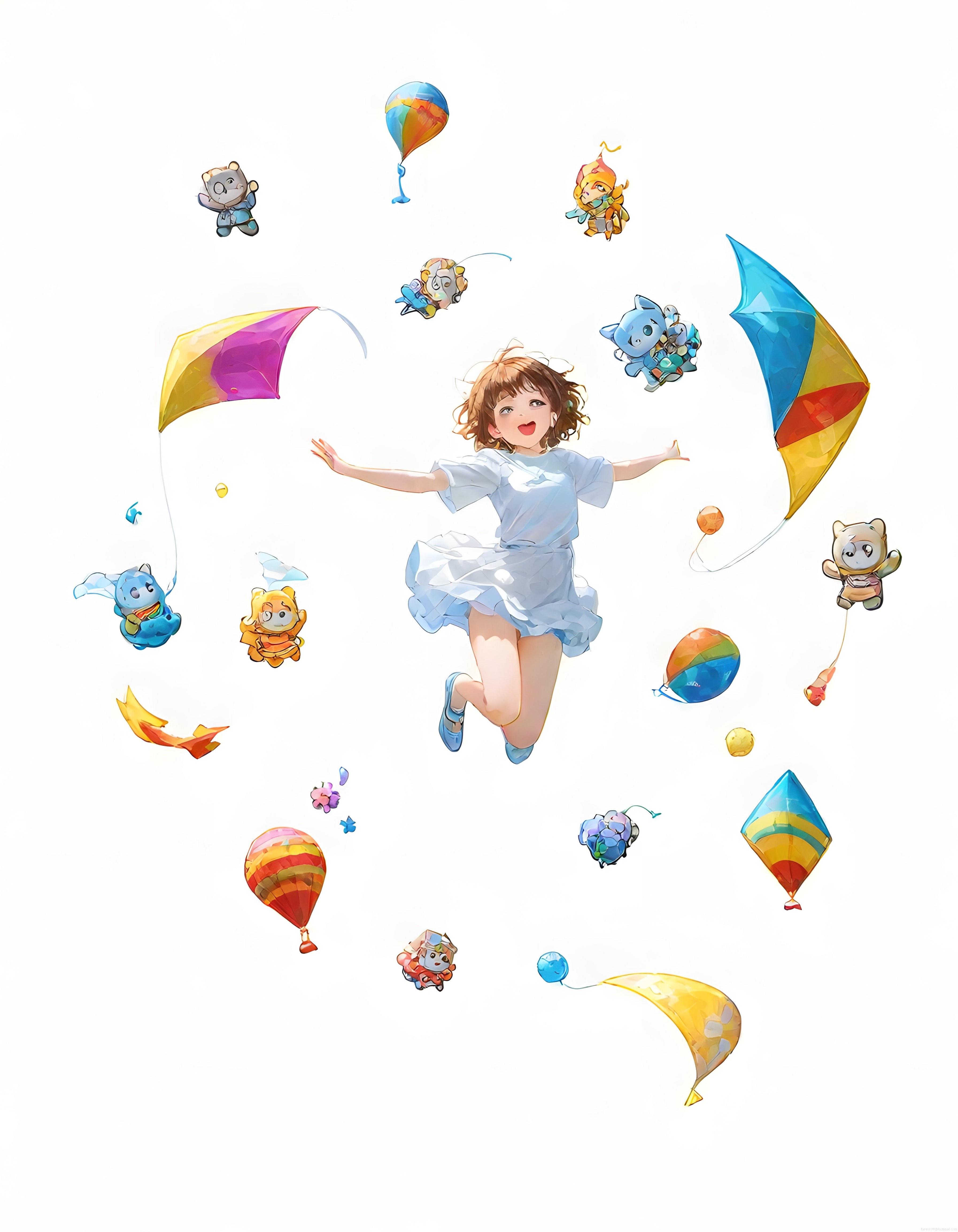Uçan Balonlar ve Uçurtmalar Arasında Mutlu Anime Kız Çocuğu Rüyası