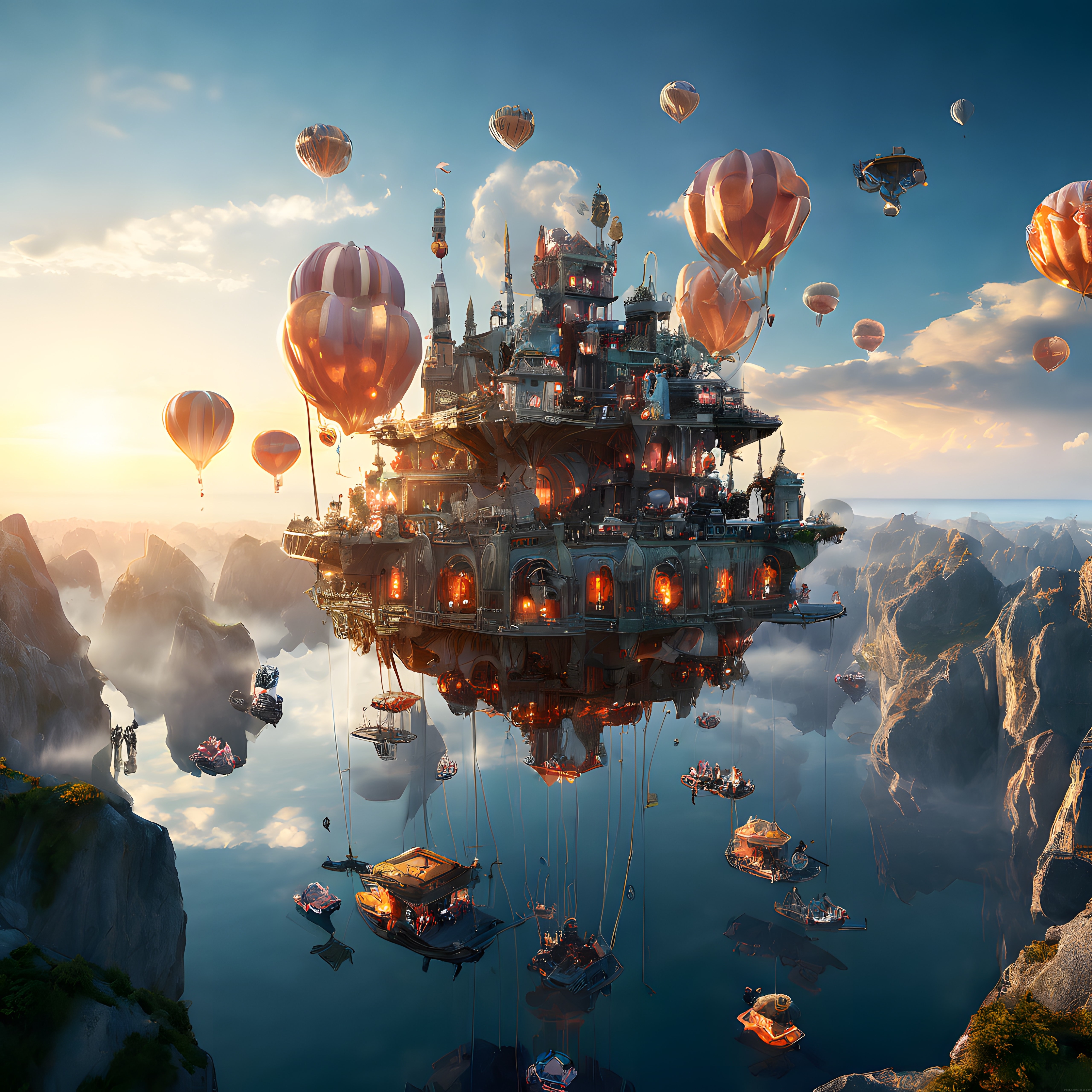 Uçan Balonlarla Gökyüzünde Asılı Duran Fantastik Steampunk Şehir