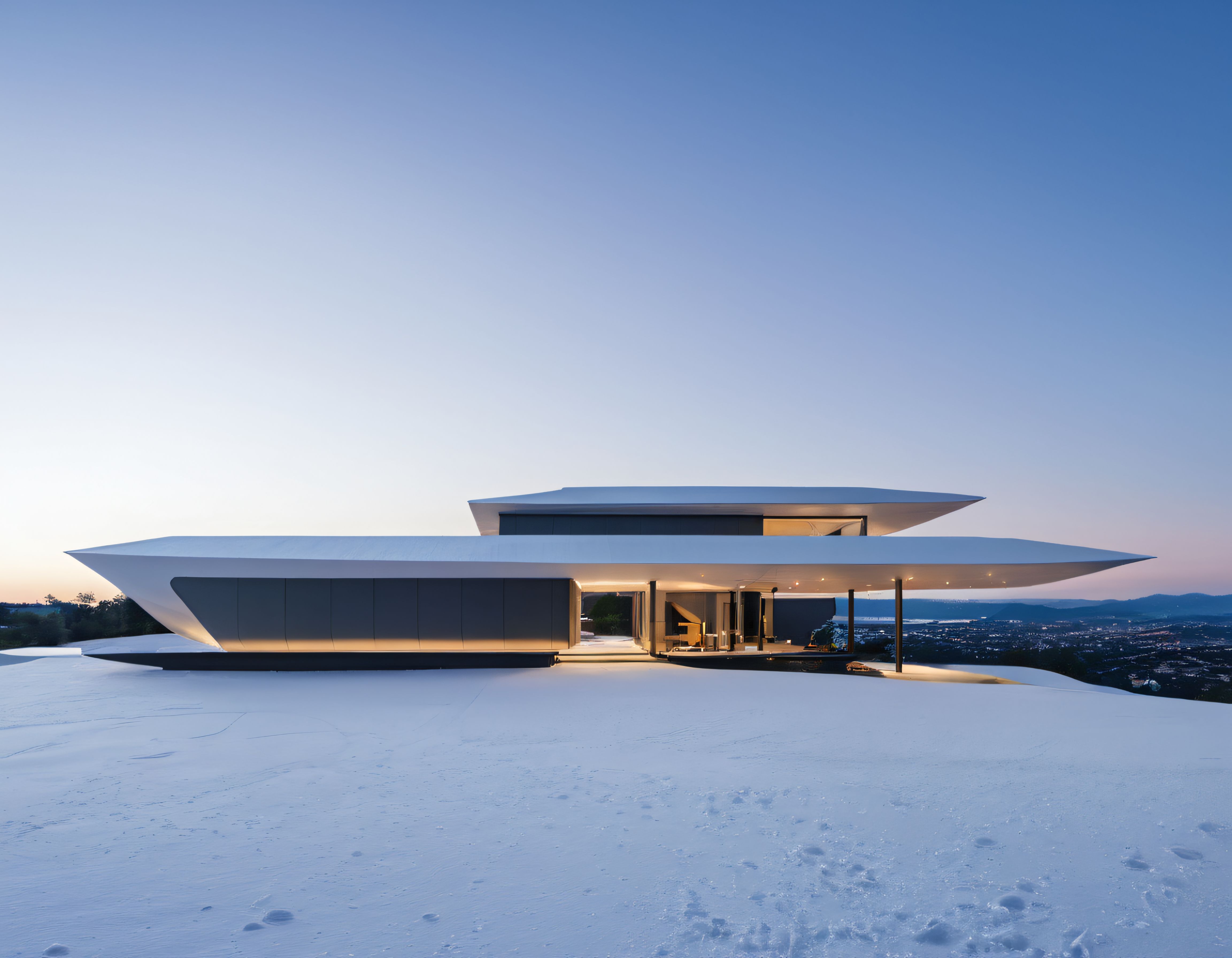 Uçan daire formunda şehir manzaralı minimalist modern mimari villa