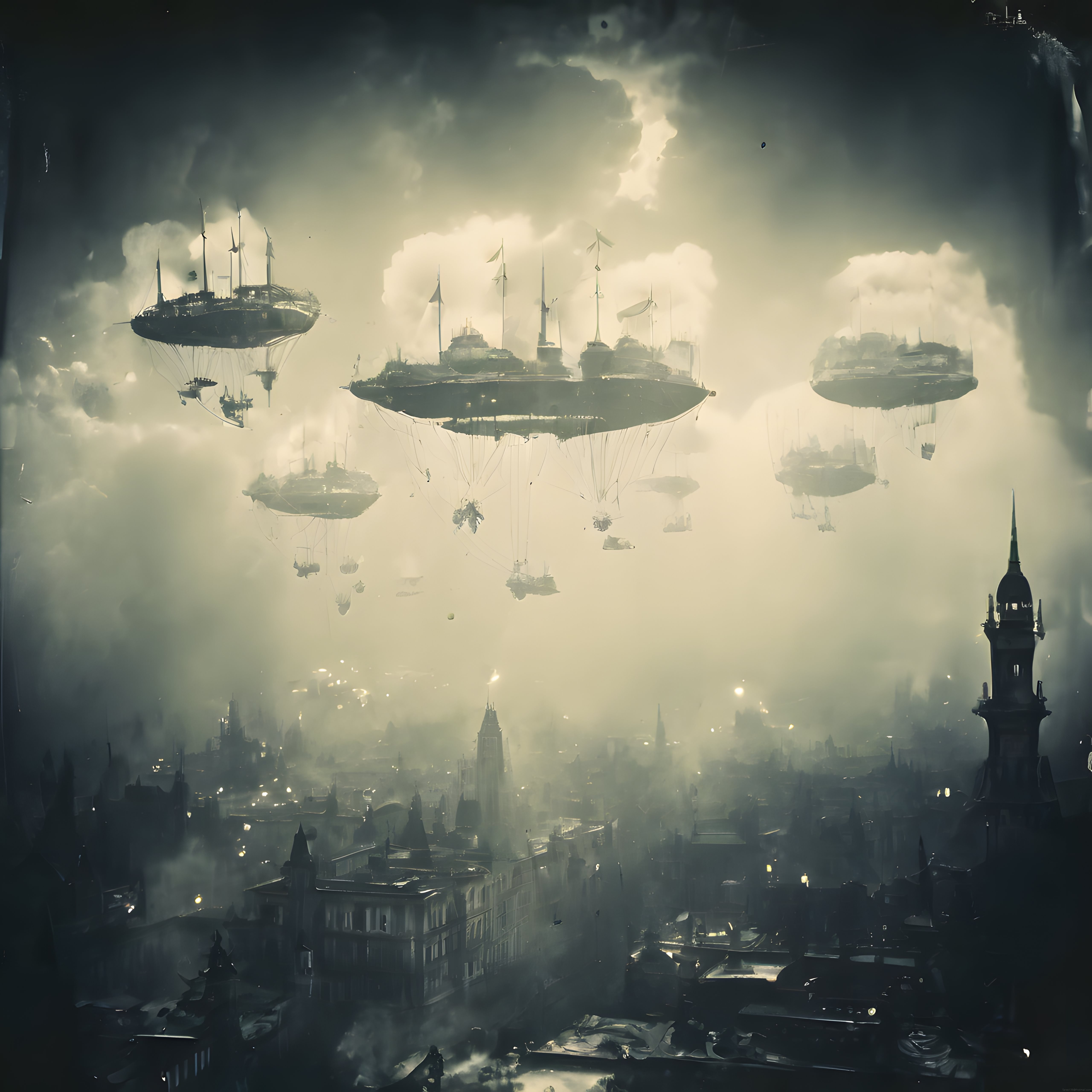 Uçan gemilerin gölgelediği steampunk şehri: Sisli gökyüzünde hava gemileri ve gotik mimari