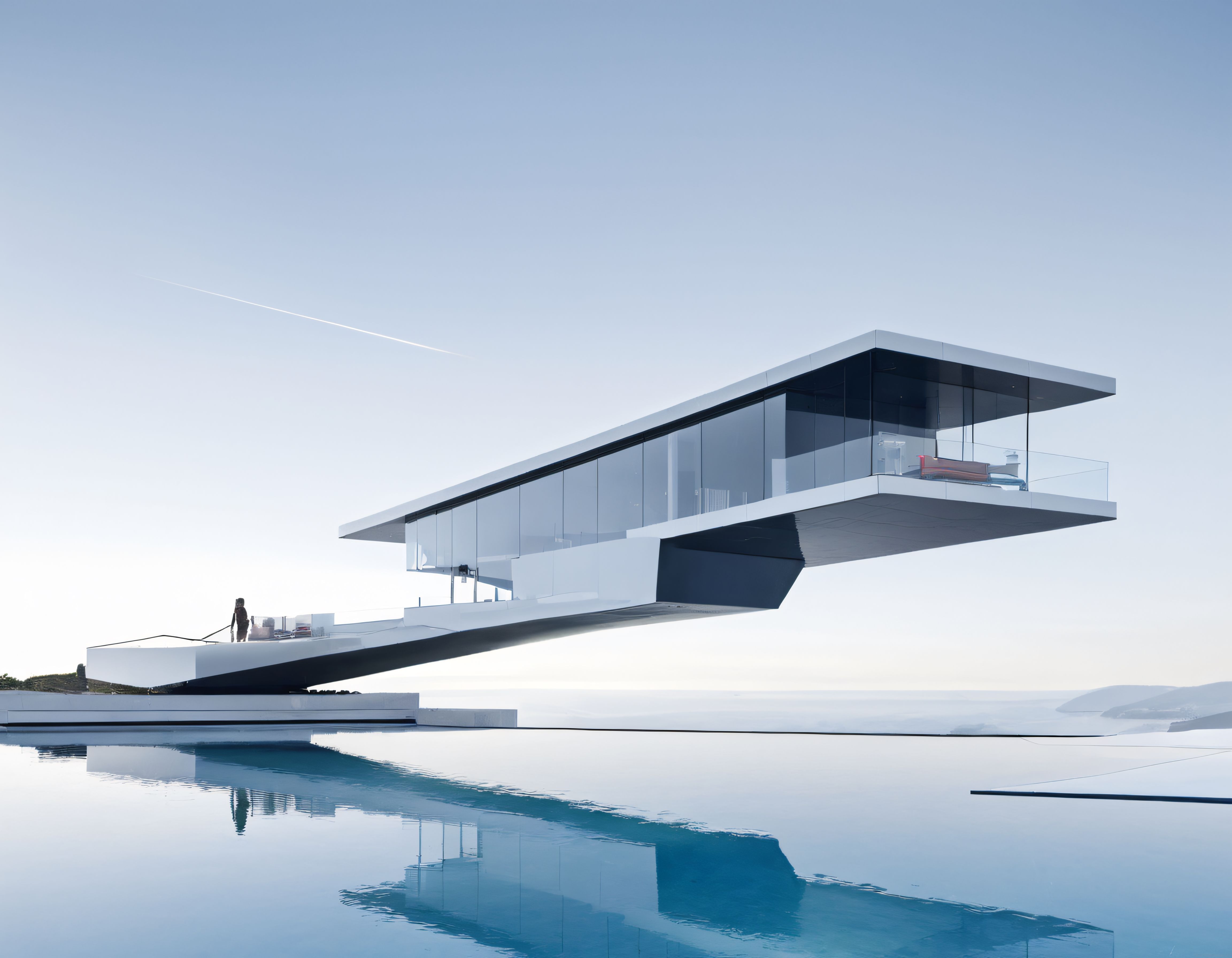 Uçan Görünümlü Minimalist Modern Villa ve Havuz Kenarında Cam Cephe
