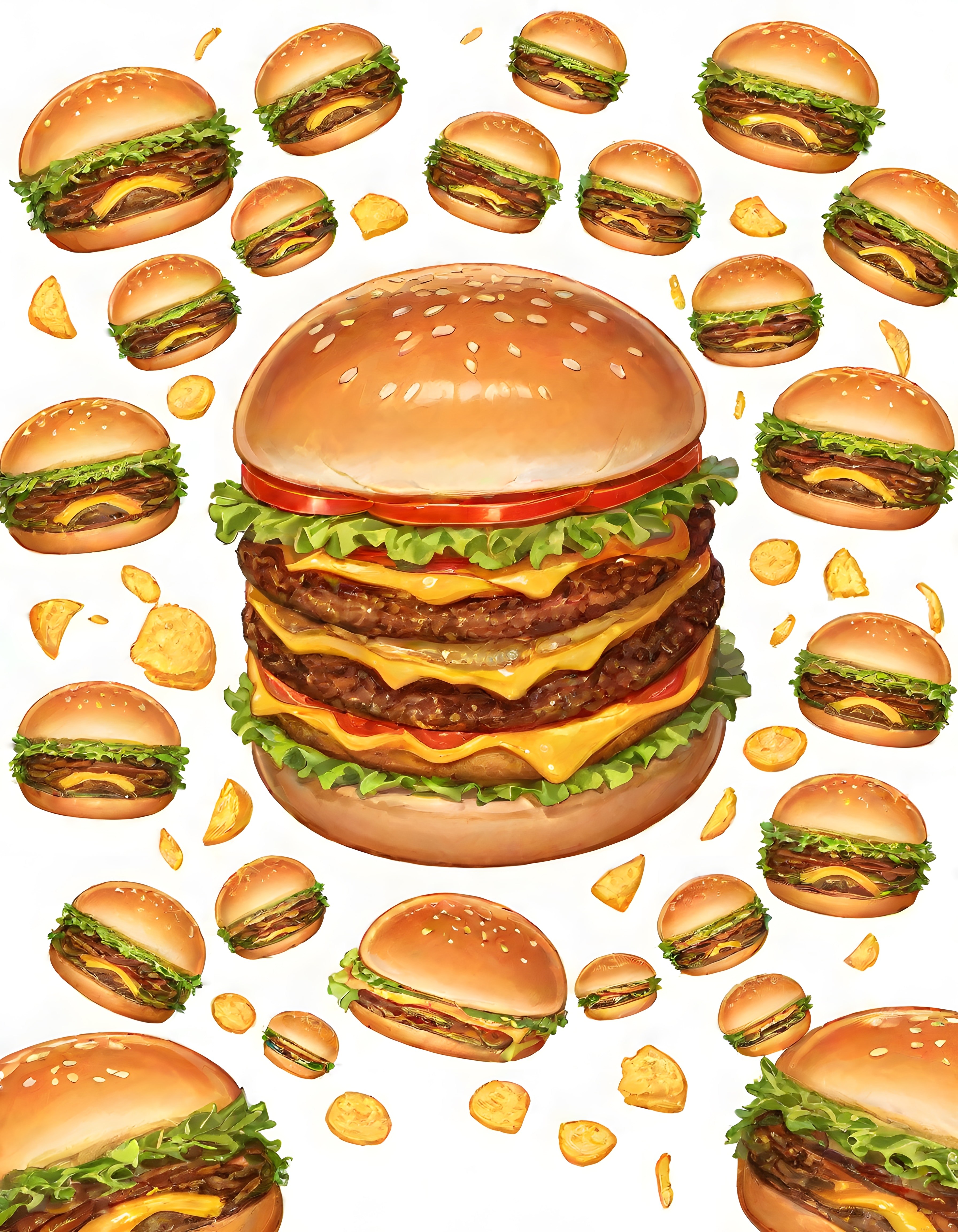 Uçan Hamburgerler ve Patates Cipsiyle Neşeli Fast Food Dijital İllüstrasyon