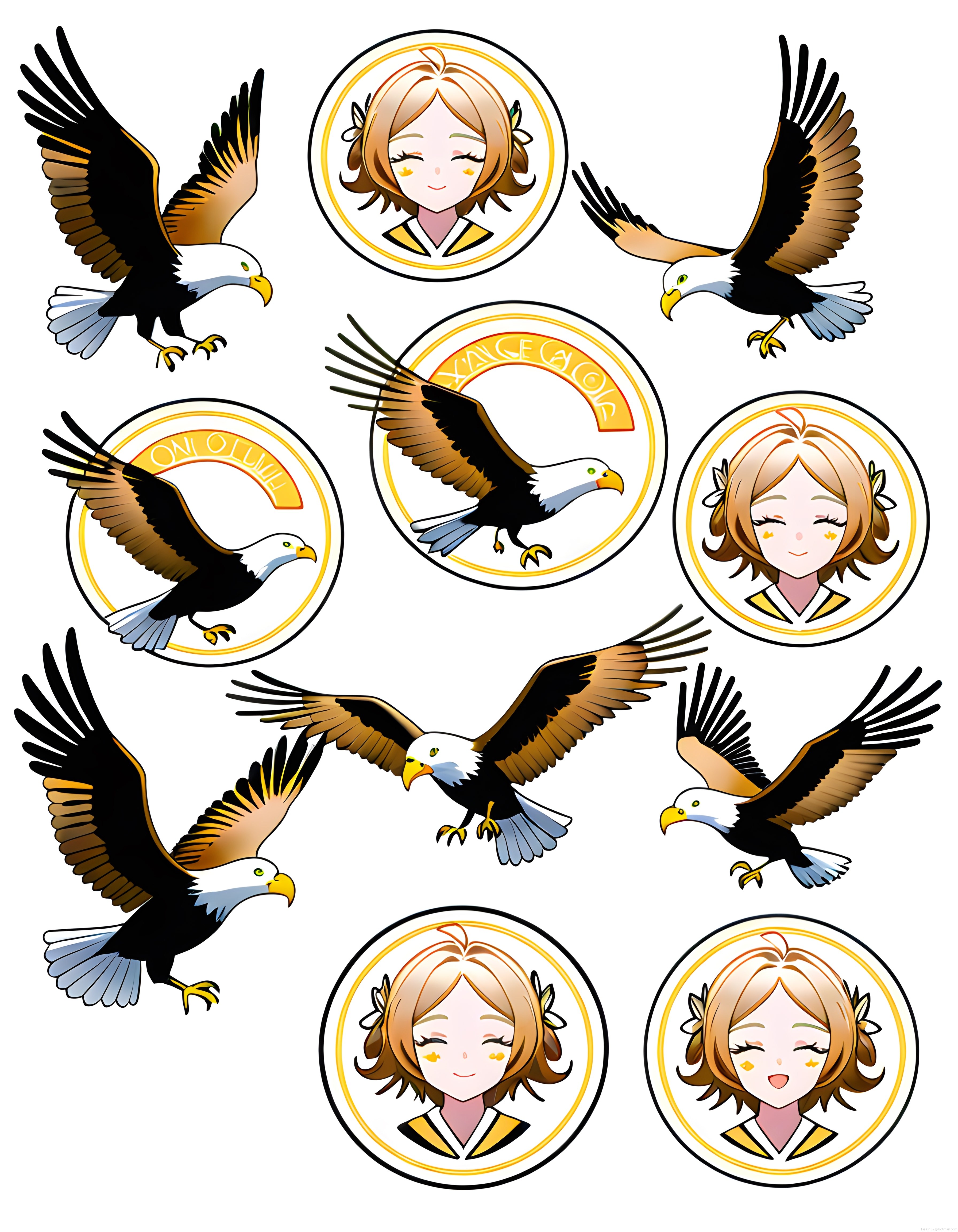 uçan kartallar ve sevimli anime kız karakterleri içeren yuvarlak sticker seti