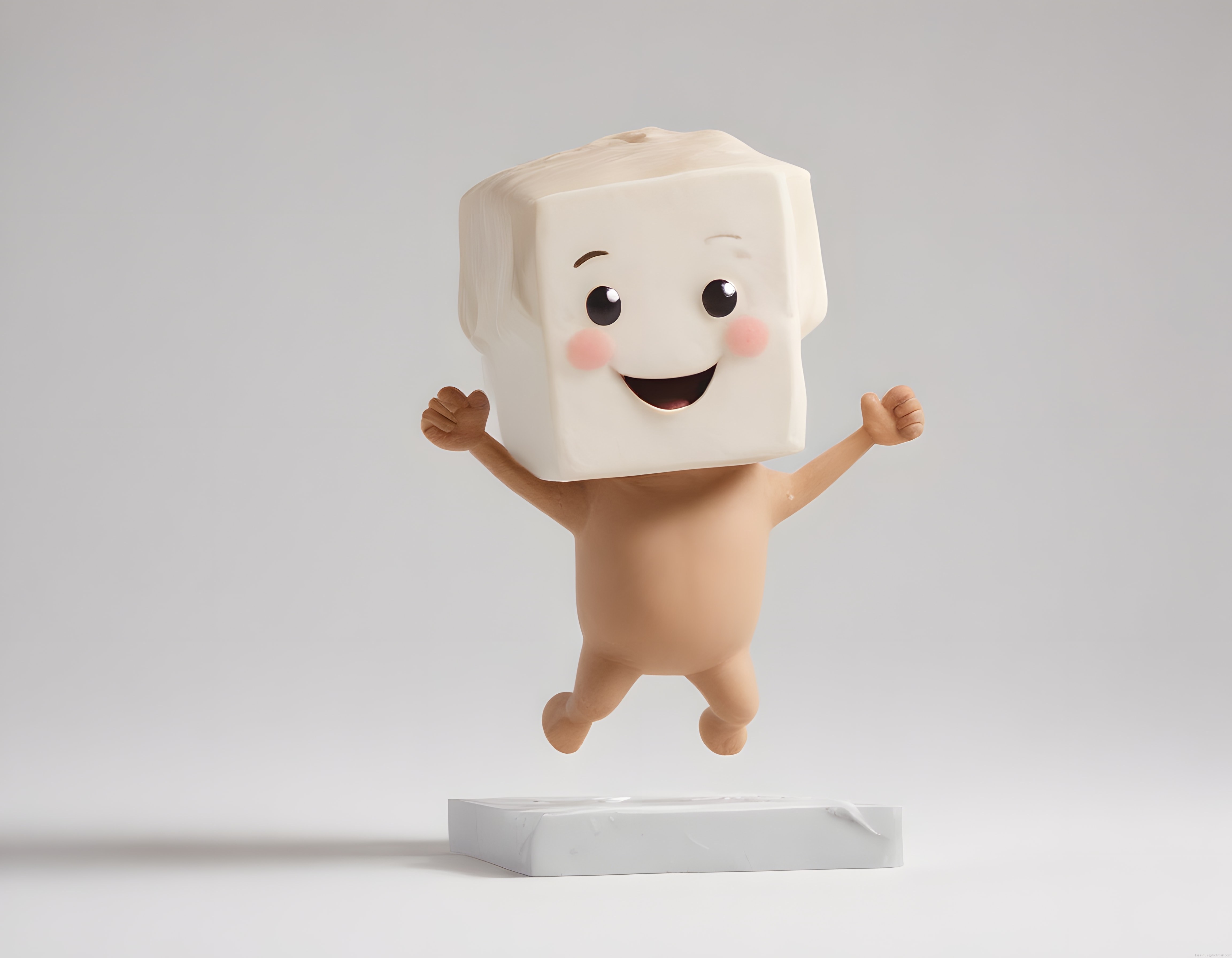 Uçan tofu bloğu şeklinde sevimli 3D animasyon karakteri, dijital sanat