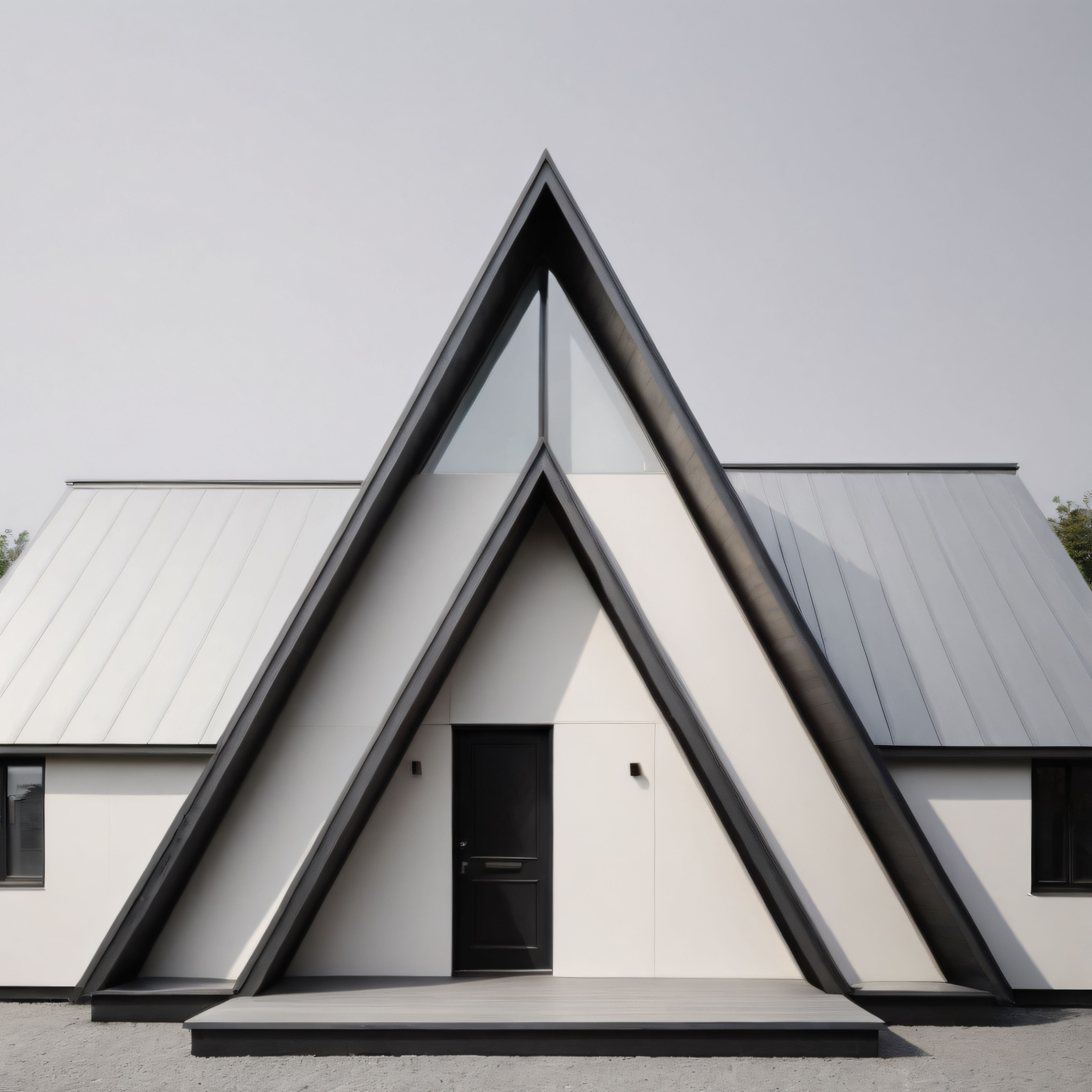 Üçgen çatılı modern bir evin minimalist cephe detayı ve geometrik tasarımı