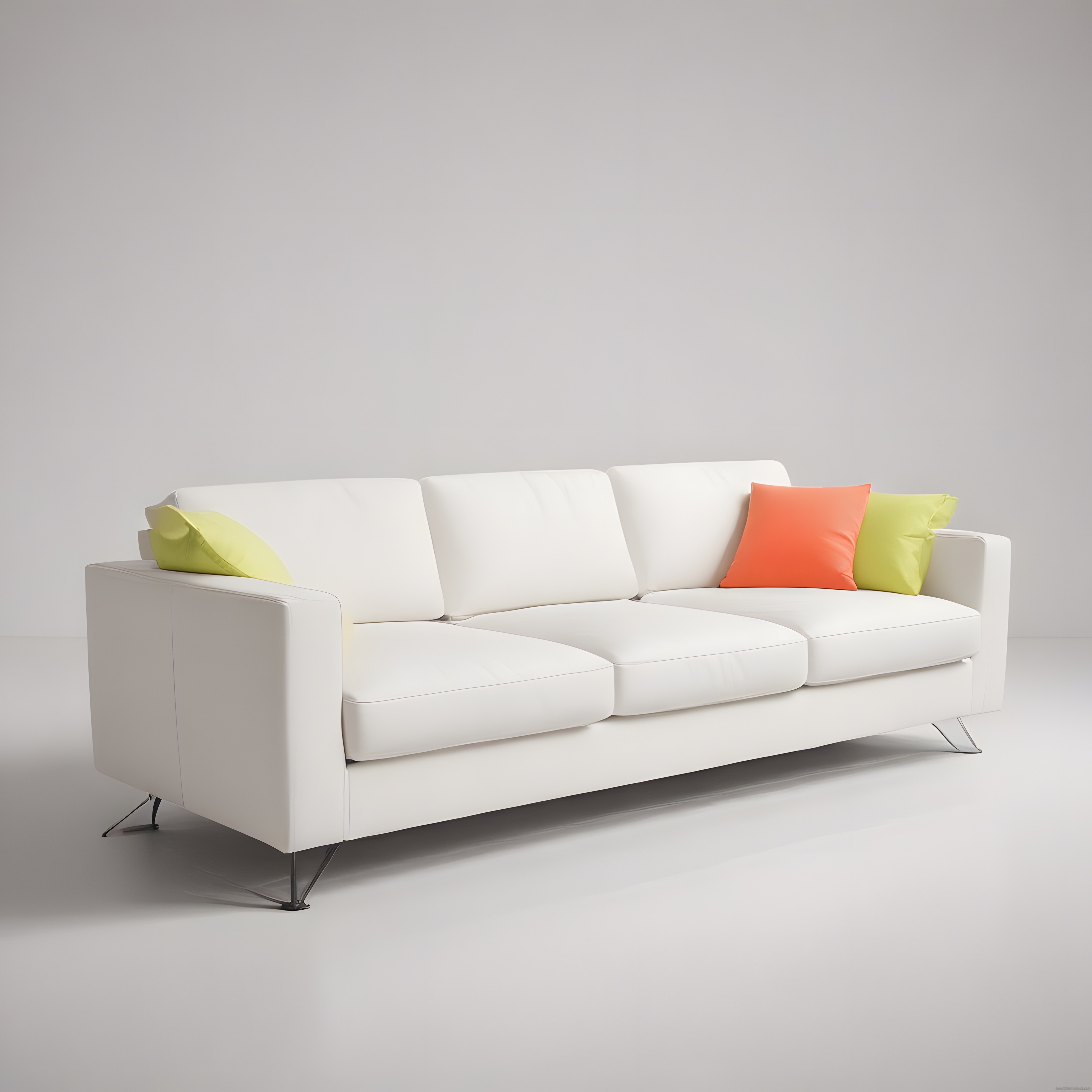 Üçlü Beyaz Modern Kanepe ve Renkli Yastıklarla Minimalist Salon Dekorasyonu