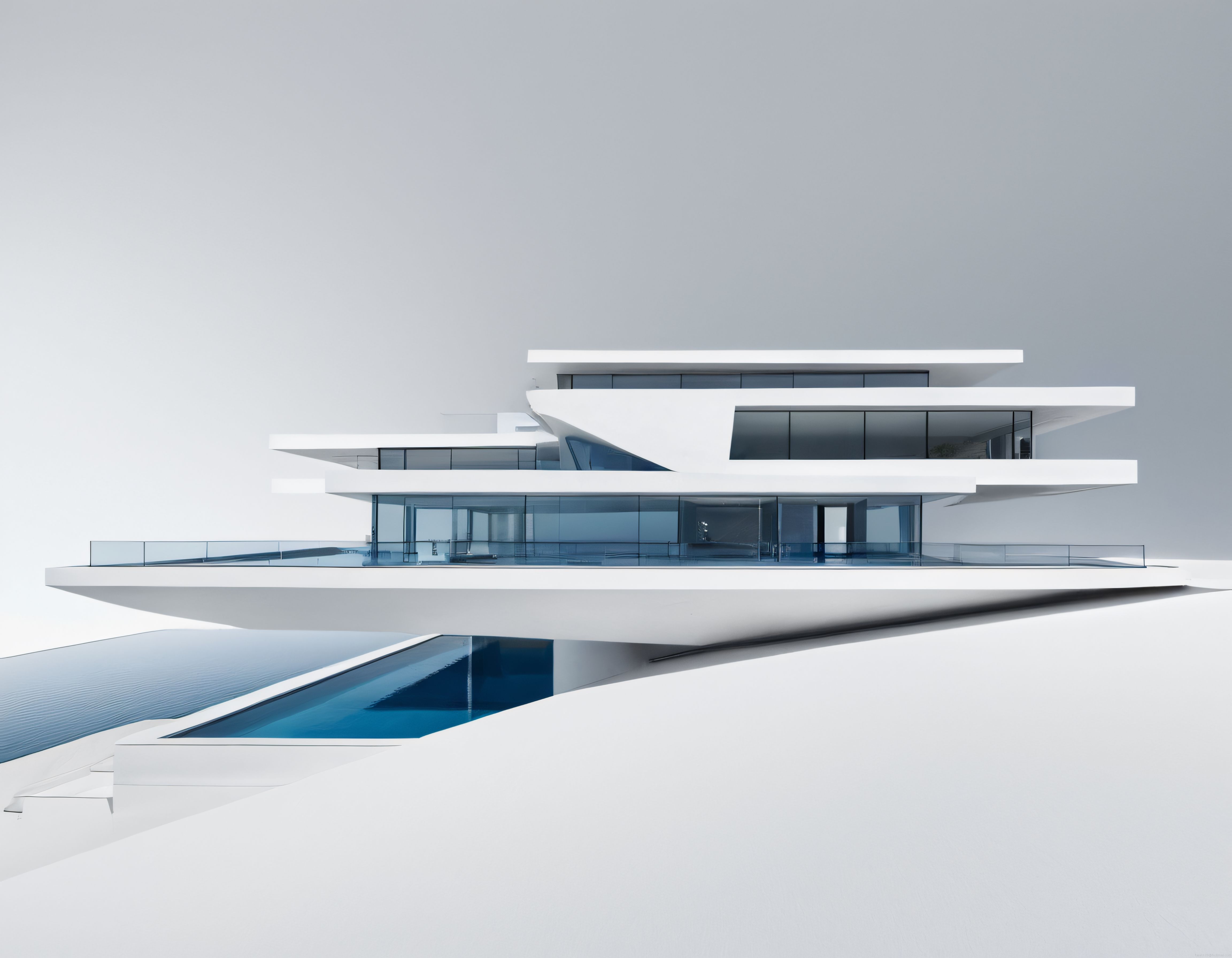 Uçsuz Beyazlıkta Yüzen Minimalist Cam Villa ve Sonsuzluk Havuzu Tasarımı