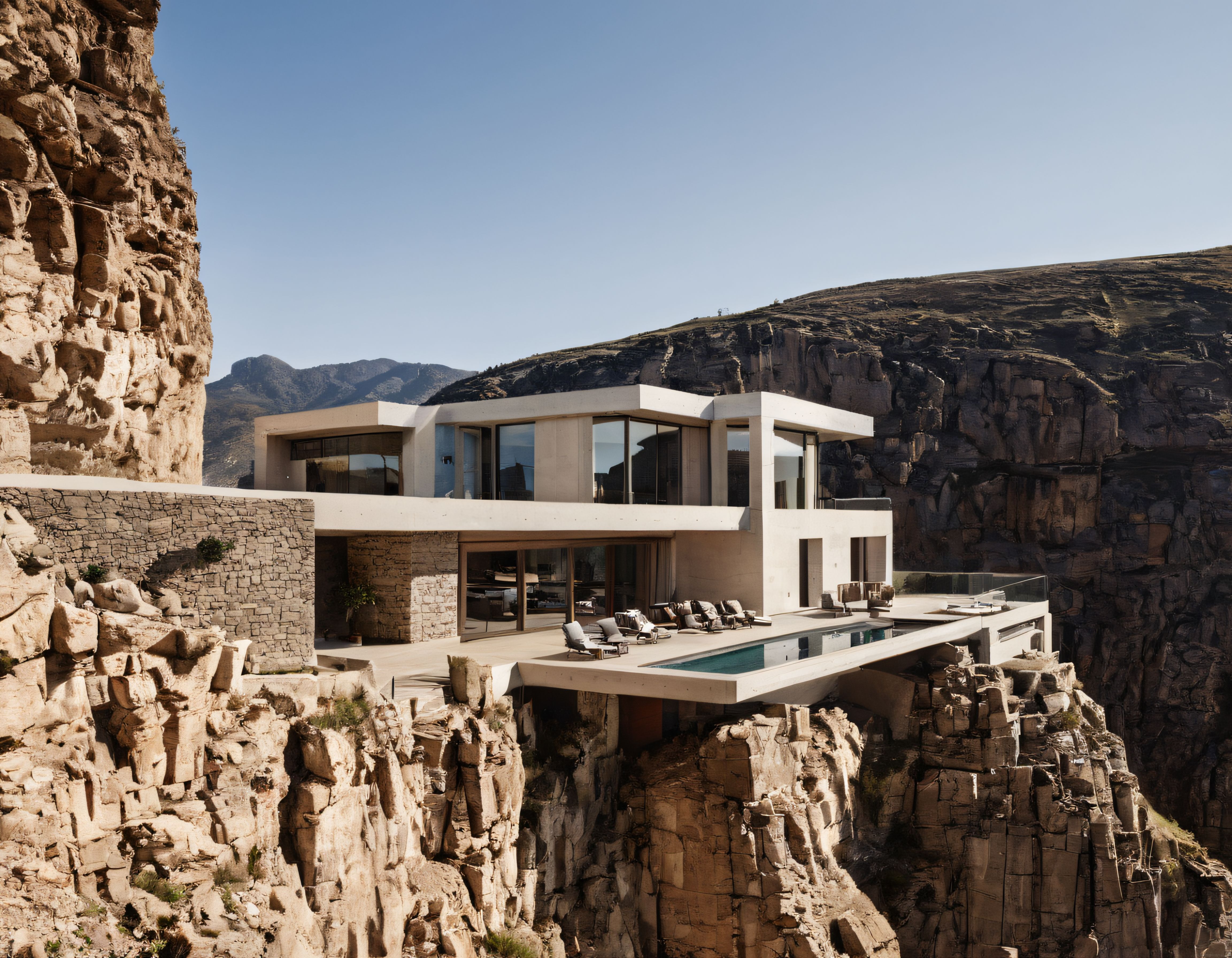 Uçurum kenarına inşa edilmiş modern lüks villa, sonsuzluk havuzu ve dağ manzarası
