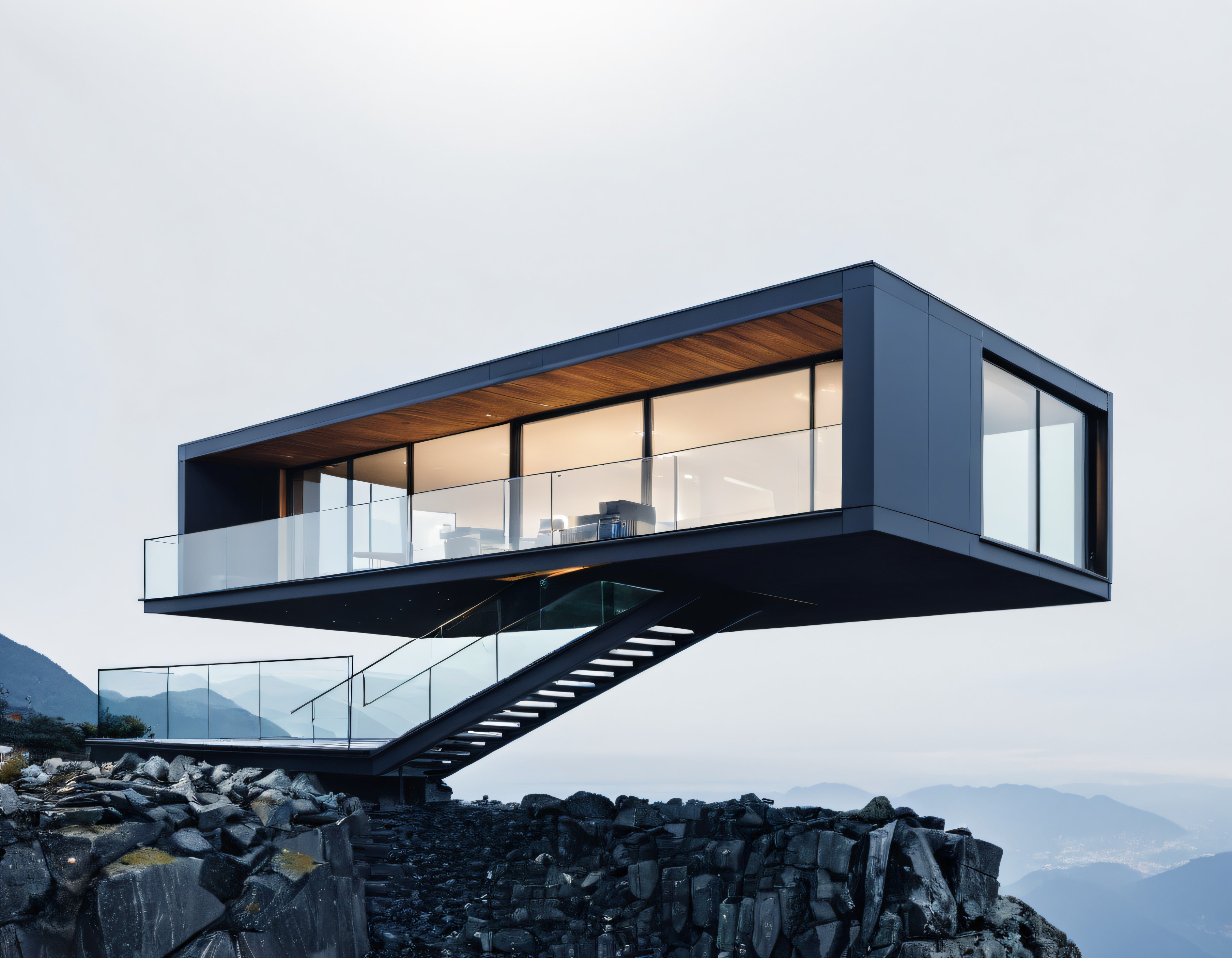 Uçurum Kenarında Asılı Duran Modern Cam ve Çelik Villa Manzarası