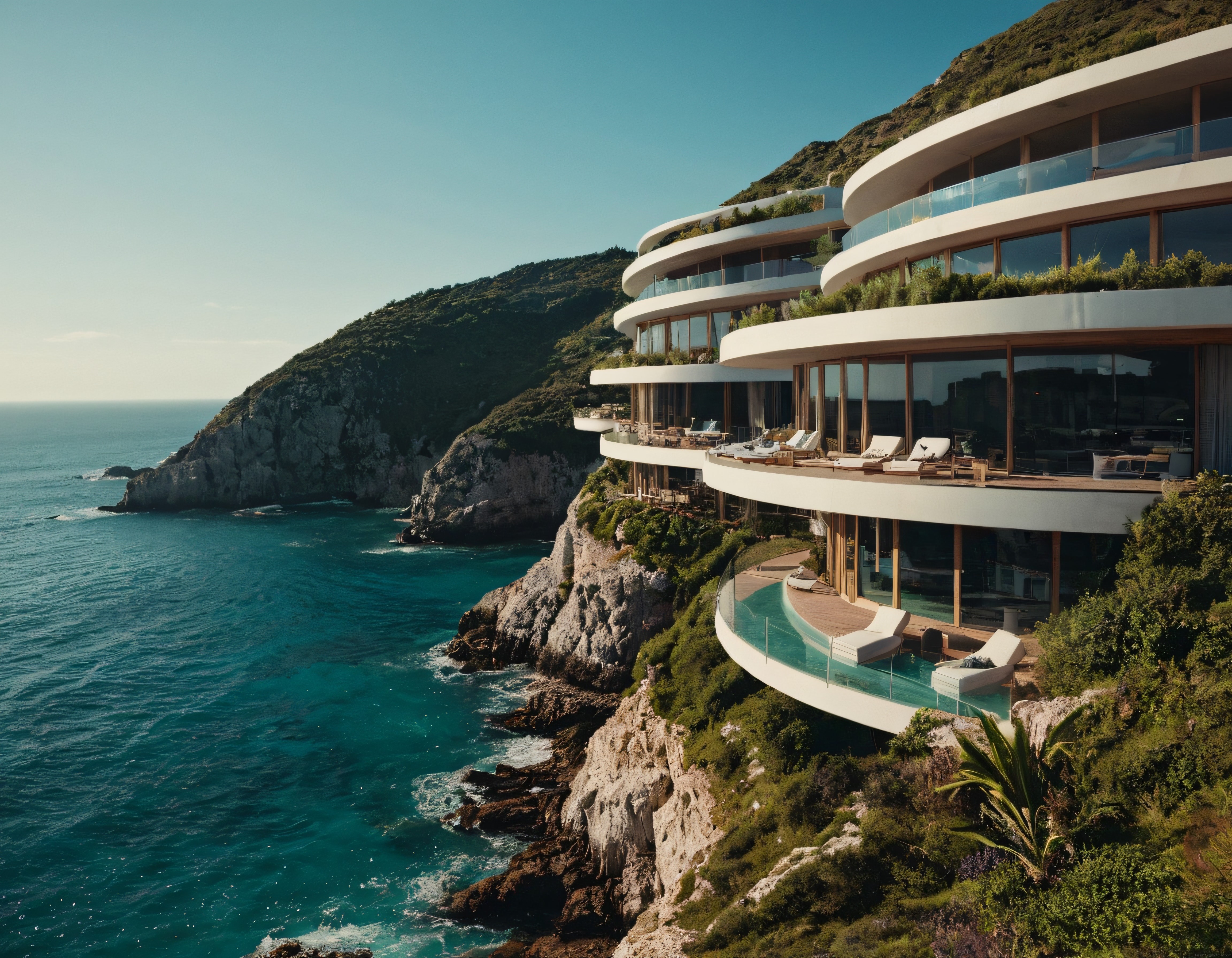 Uçurum Kenarında Kıvrımlı Modern Mimari ve Berrak Mavi Deniz Manzarası