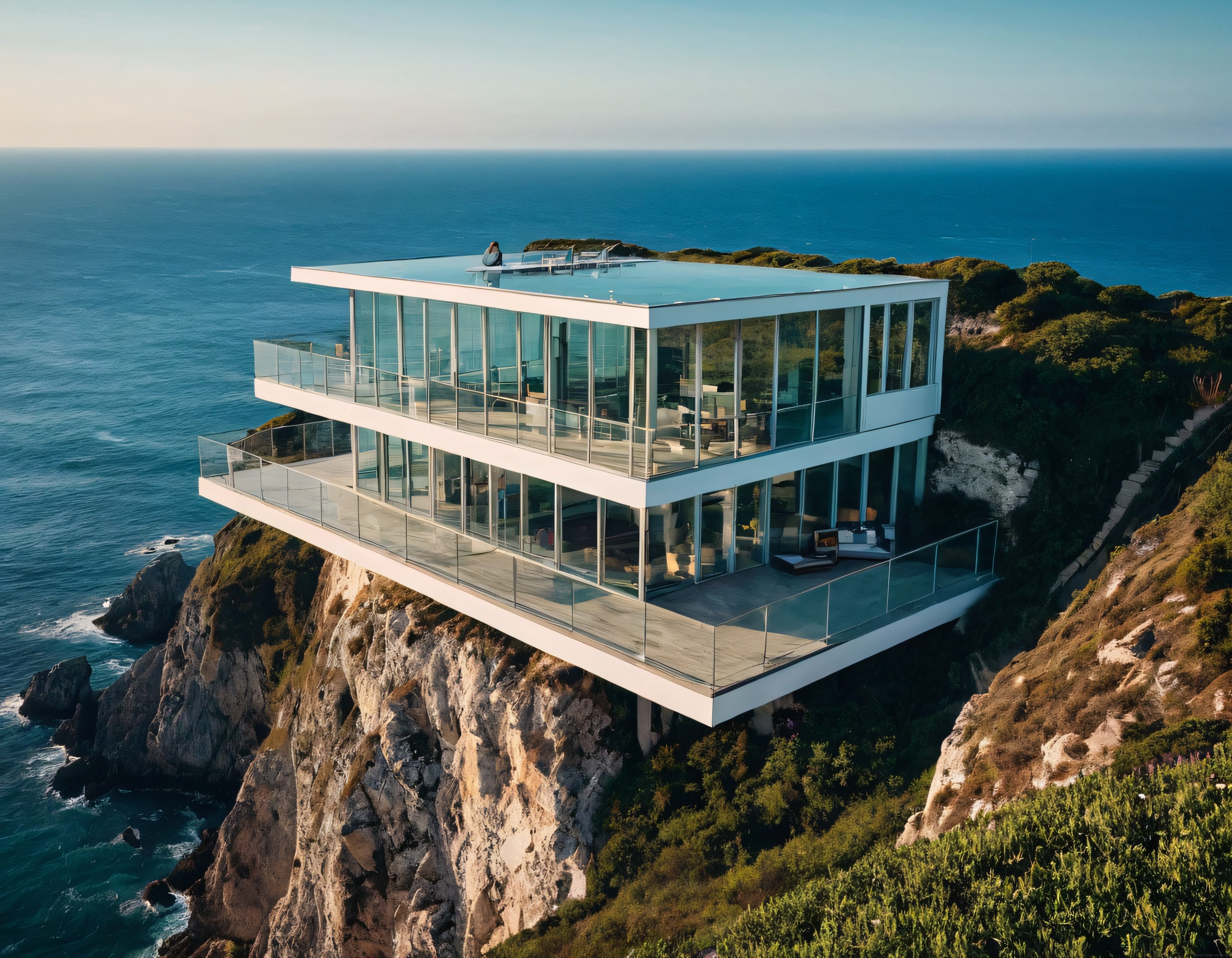 Uçurum Kenarında Modern Cam Villa ve Eşsiz Okyanus Manzarası