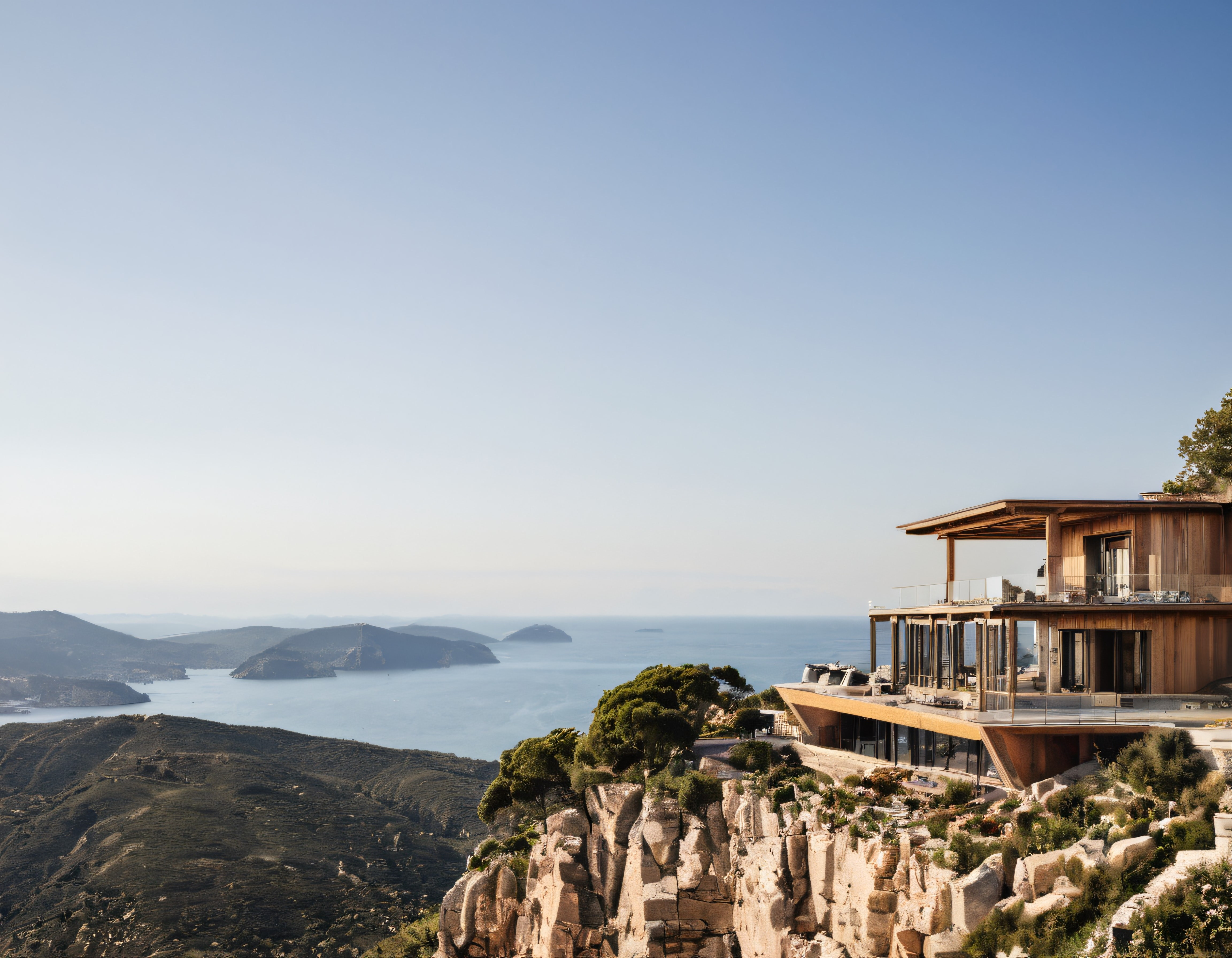 Uçurum kenarındaki modern cam ahşap villa ile sonsuz deniz manzarası