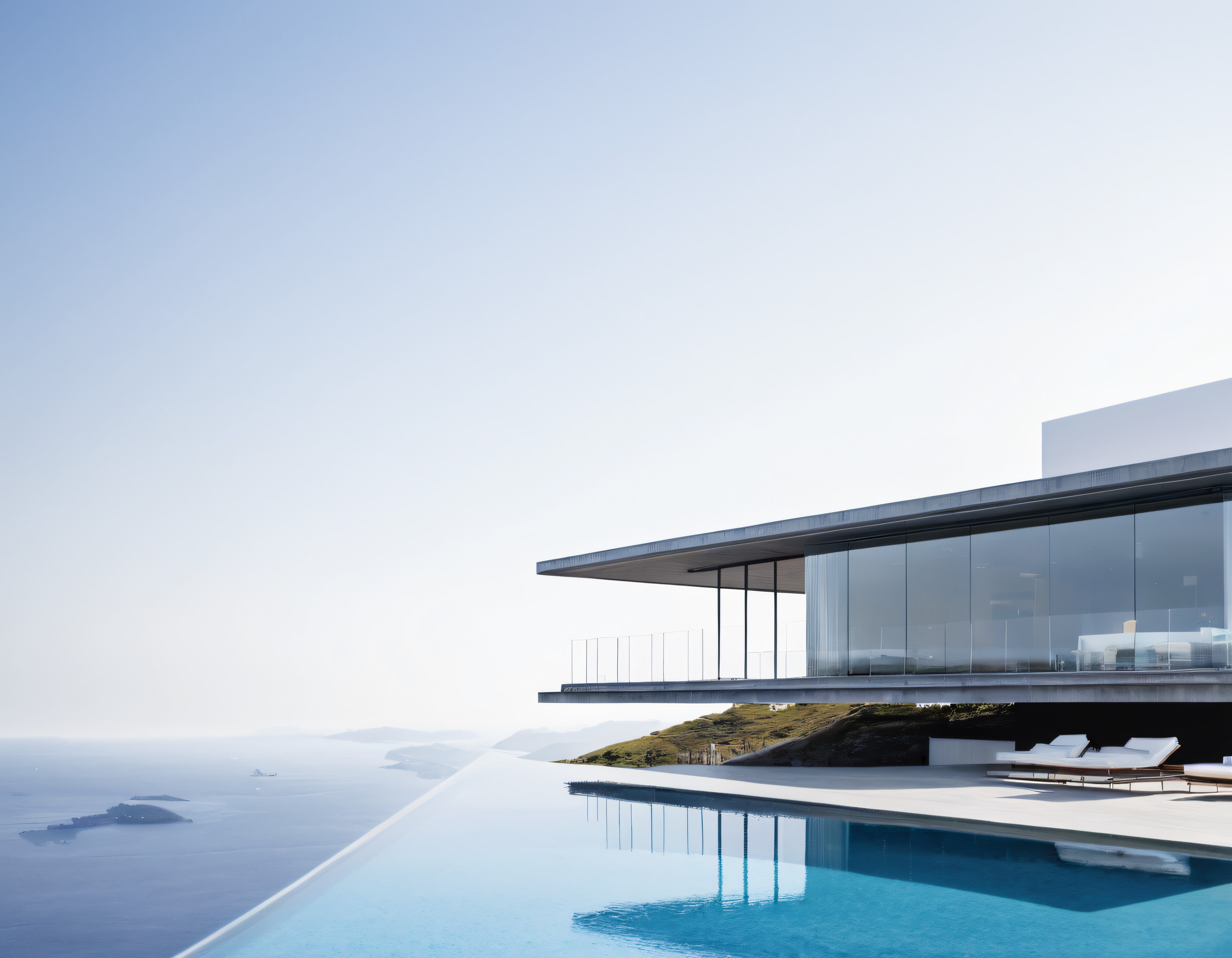 Uçurum Kenarındaki Modern Cam ve Beton Villada Sonsuz Havuz ve Deniz Manzarası