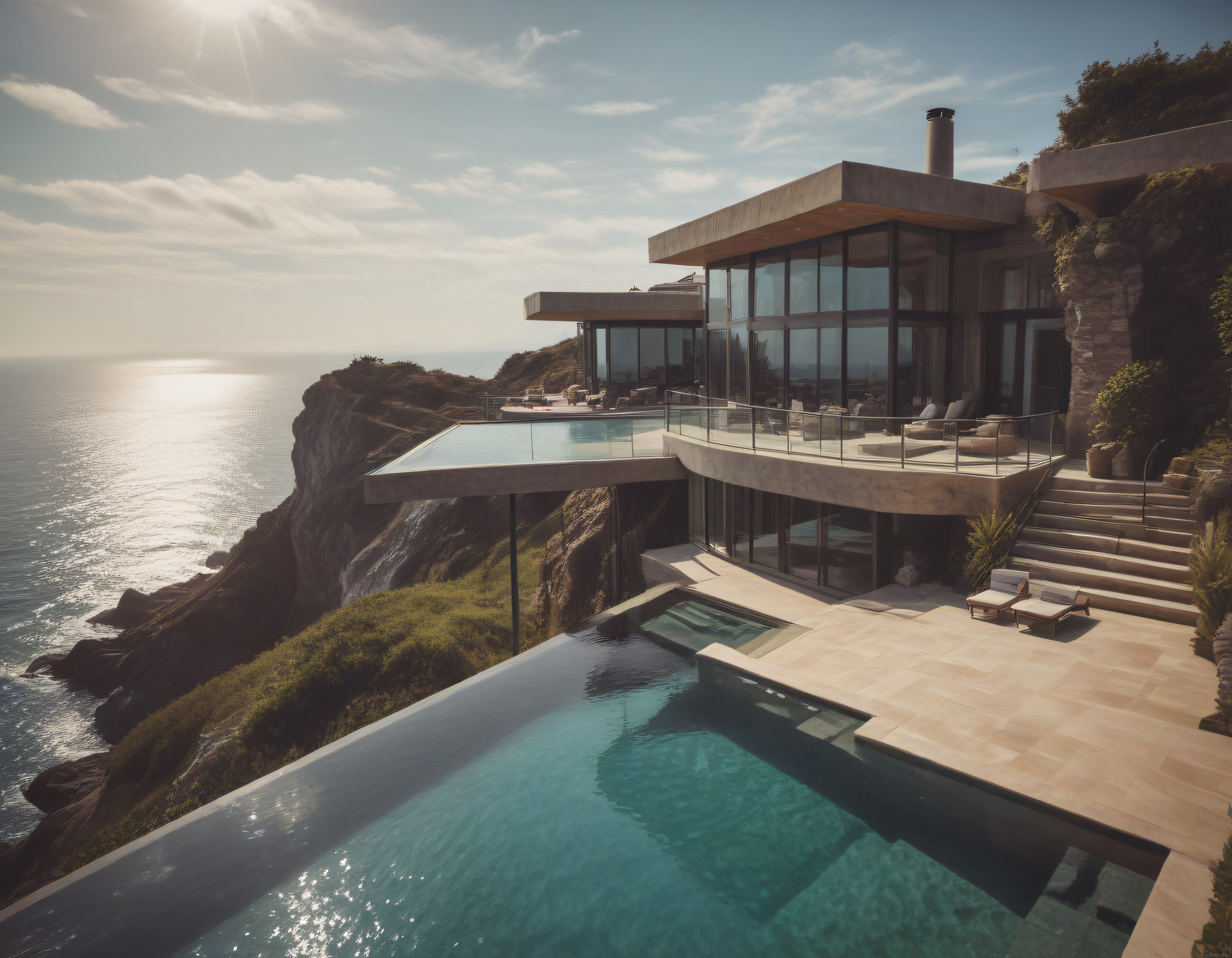 Uçurumun Kenarındaki Modern Lüks Villa ve Sonsuzluk Havuzu Manzarası