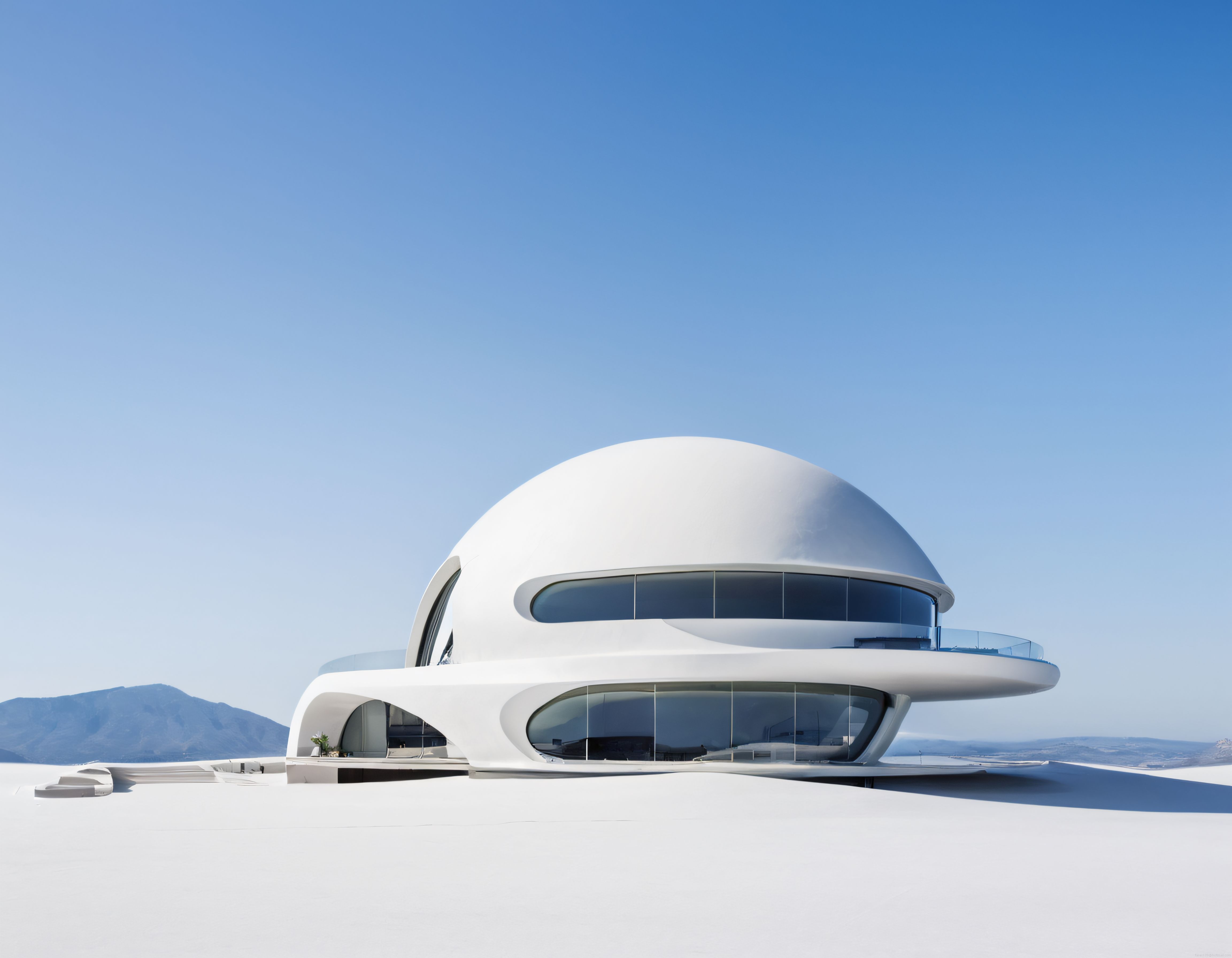 Ufo tarzı beyaz kubbeli fütüristik villa ve arkadaki dağ manzarası