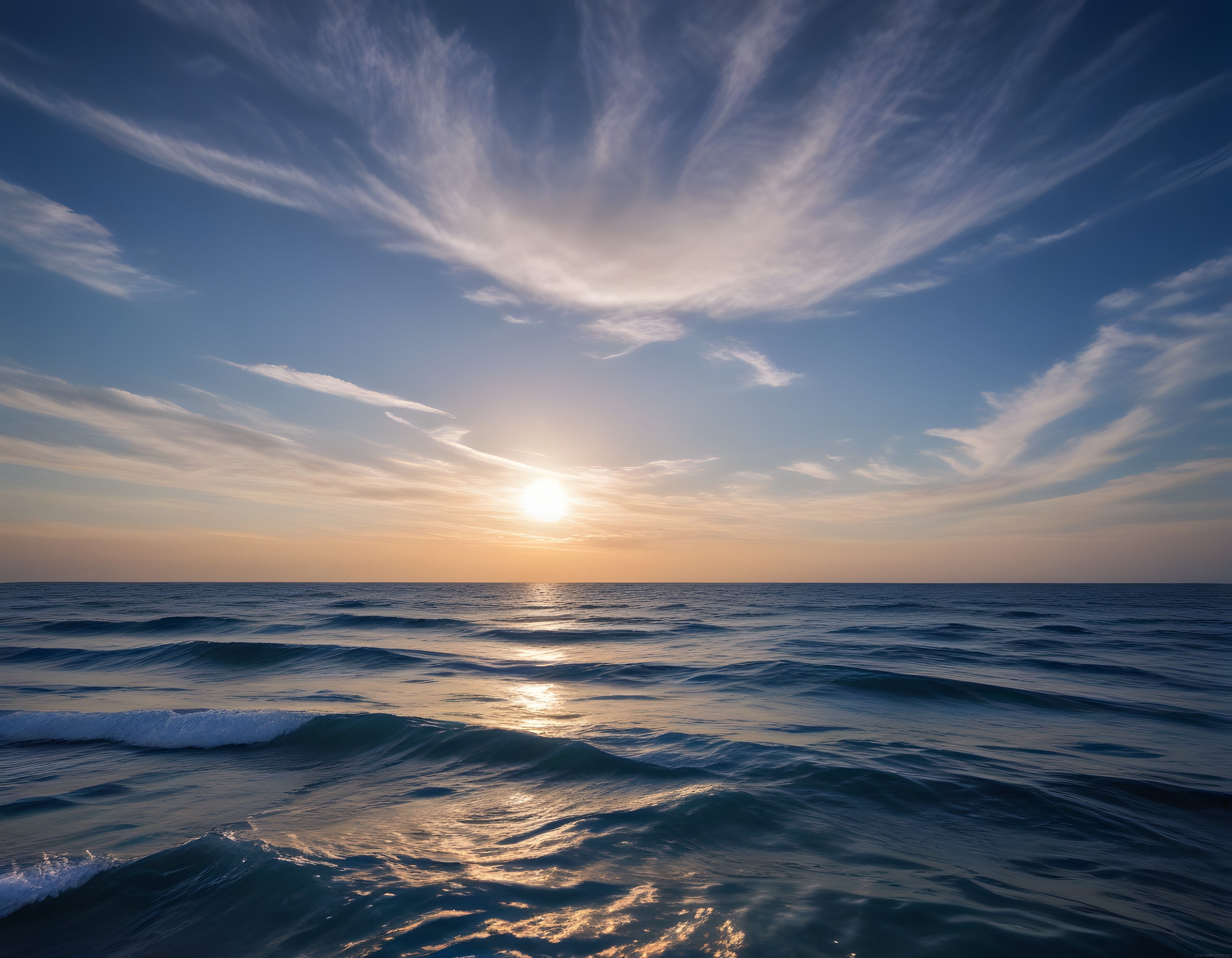 Ufuk Çizgisinde Batarken Güneşin Aydınlattığı Huzurlu Okyanus Manzarası Ufuk Çizgisinde Batarken Güneşin Aydınlattığı Huzurlu Okyanus Manzarası
