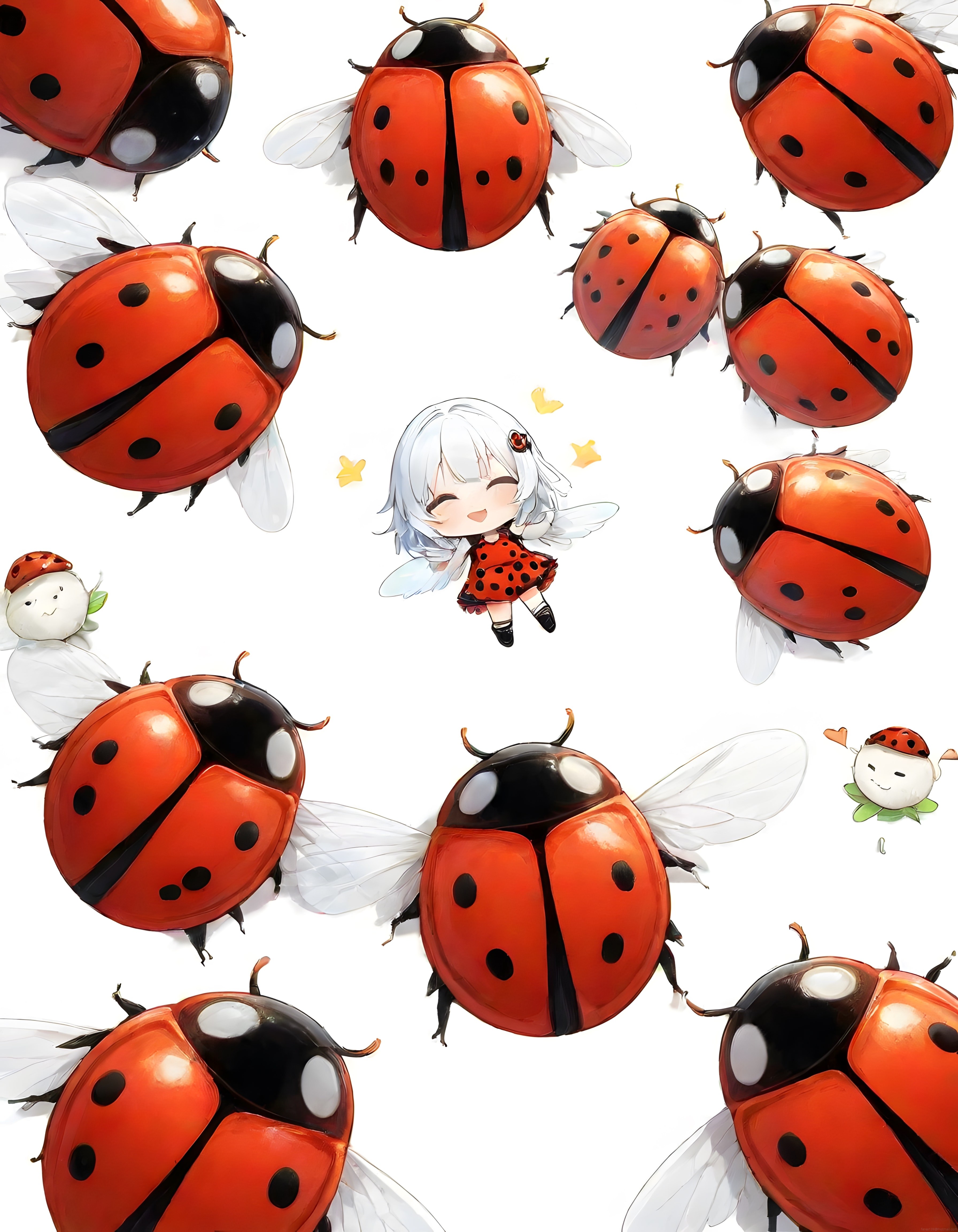 Uğur Böcekleriyle Çevrili Sevimli Anime Peri Kızı Dijital Çizimi