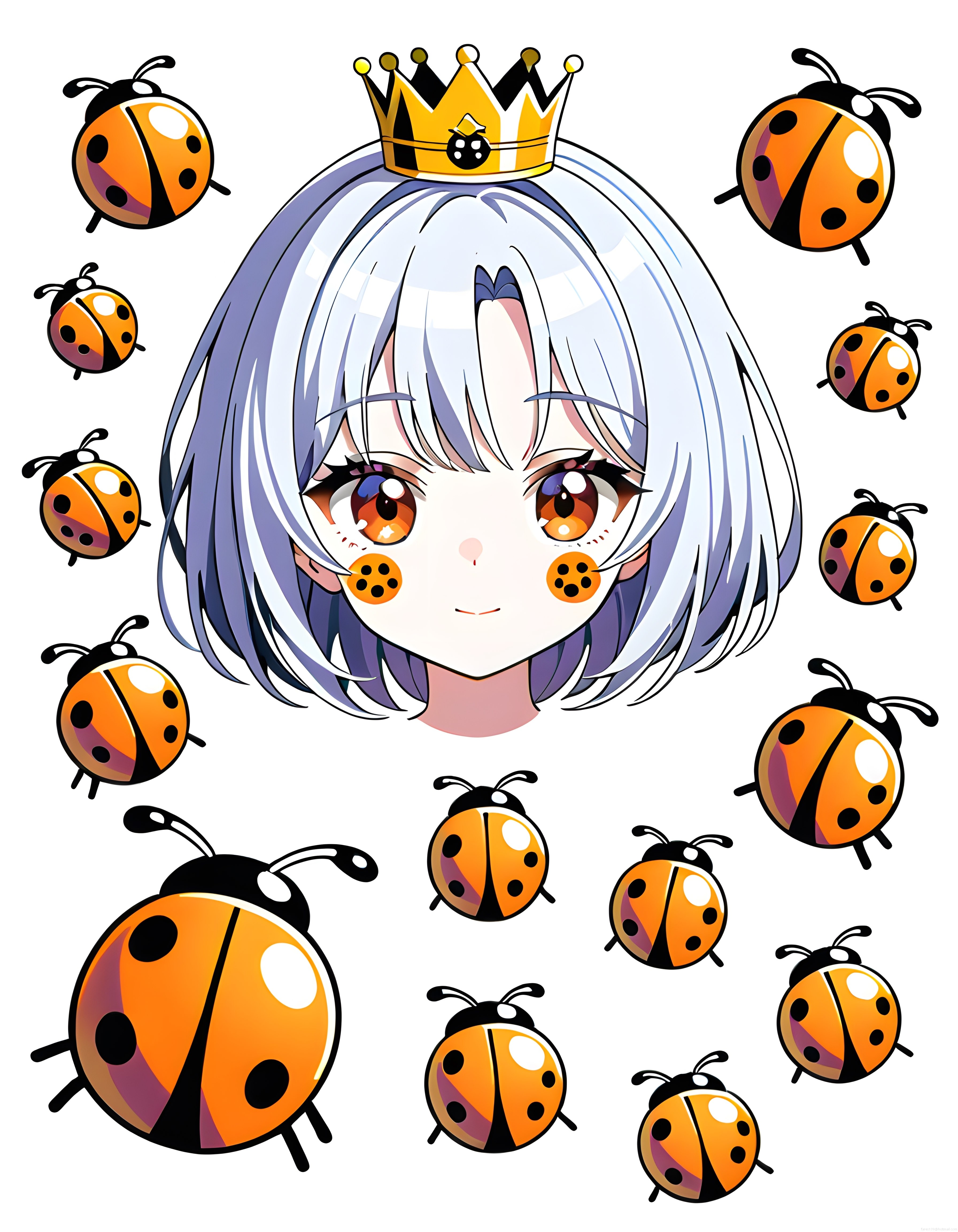 Uğur böcekleriyle çevrili taçlı anime kız ve sevimli illüstrasyon sanatı