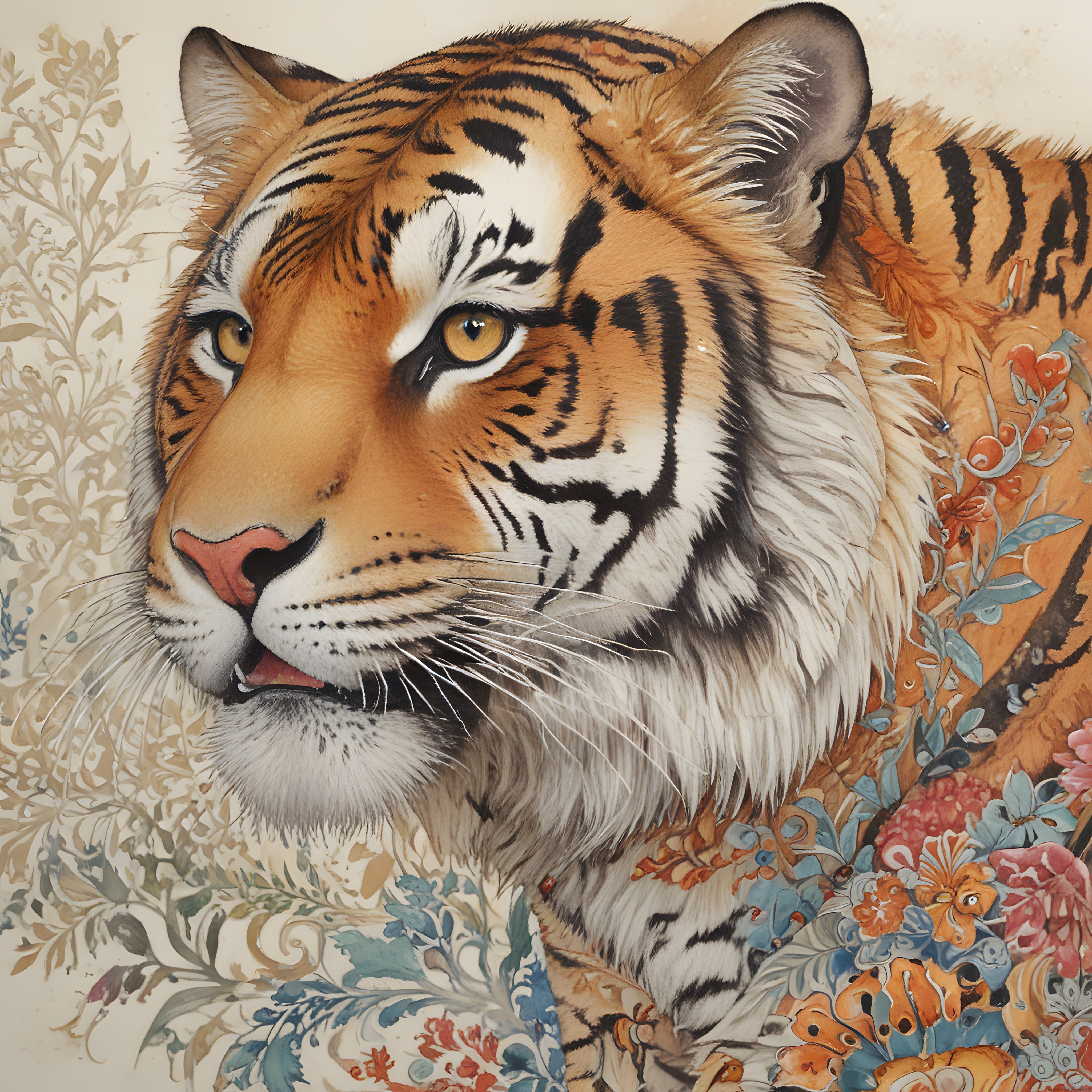 Ukiyo-E Tarzı Çiçek Motifleriyle Bezenmiş Göz Alıcı Kaplan Portresi