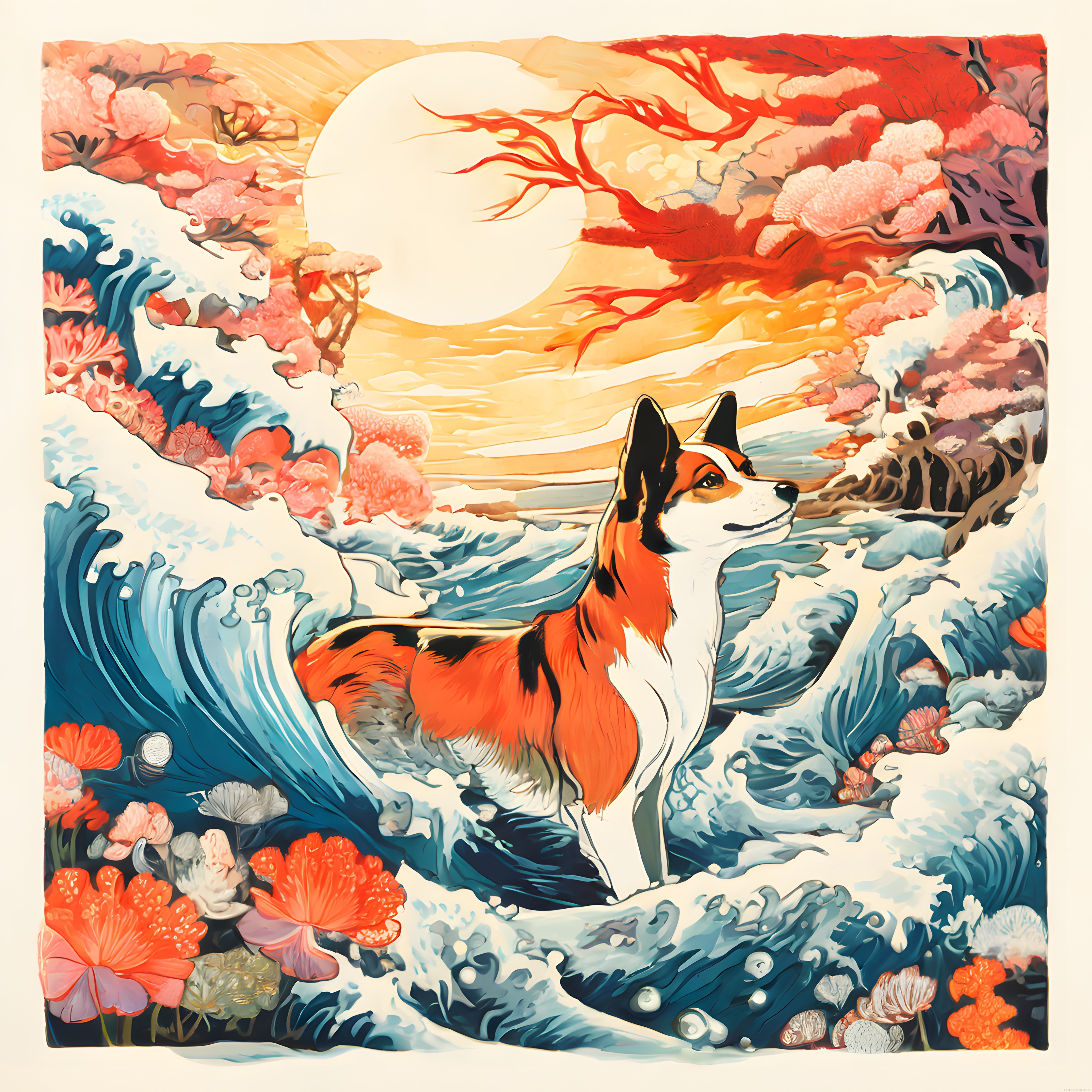 Ukiyo-e tarzı dalgalar ve sakura ağaçları arasında corgi köpek illüstrasyonu