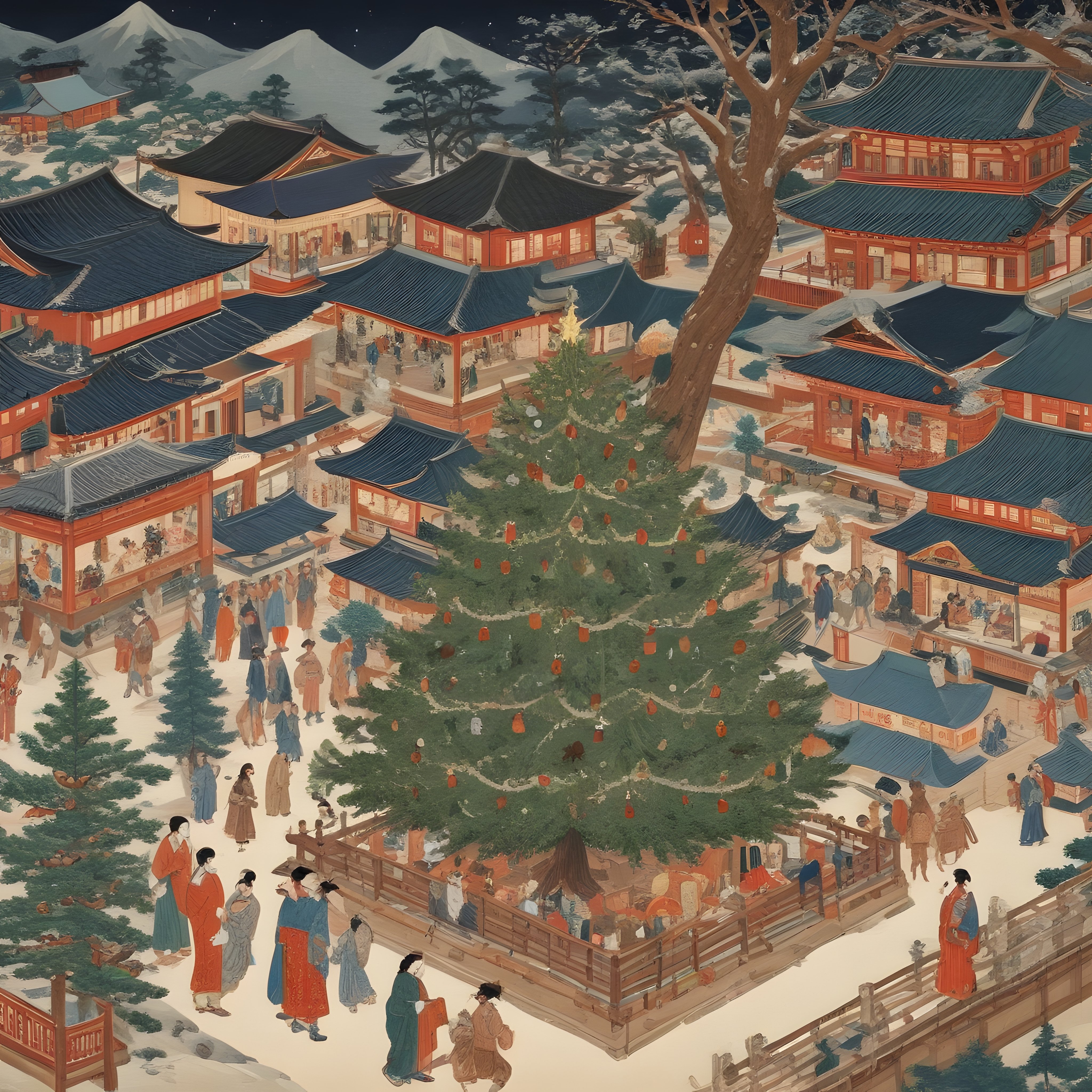 Ukiyo-e Tarzı Geleneksel Japon Kasabasında Kış Akşamı ve Işıklı Ağaç