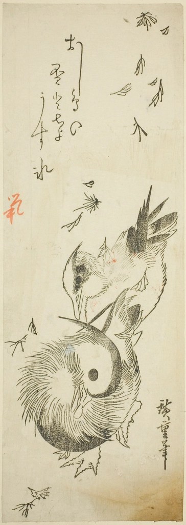 ukiyo-e tarzında iki kuş ve bitkilerin resmedildiği antik japon ahşap baskısı
