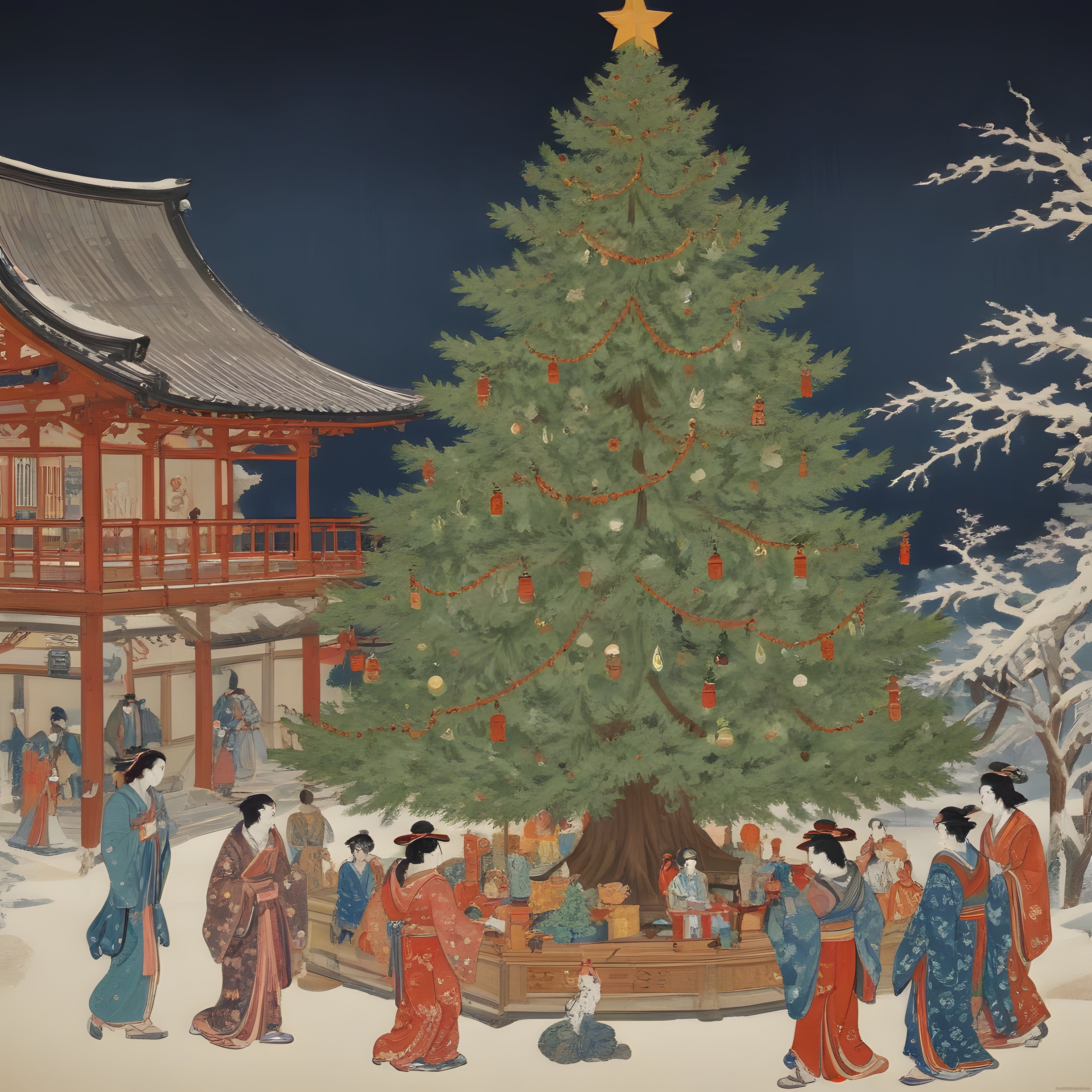 Ukiyo-e Tarzında Karlı Japon Bahçesinde Yılbaşı Ağacı ve Kimonolu Figürler
