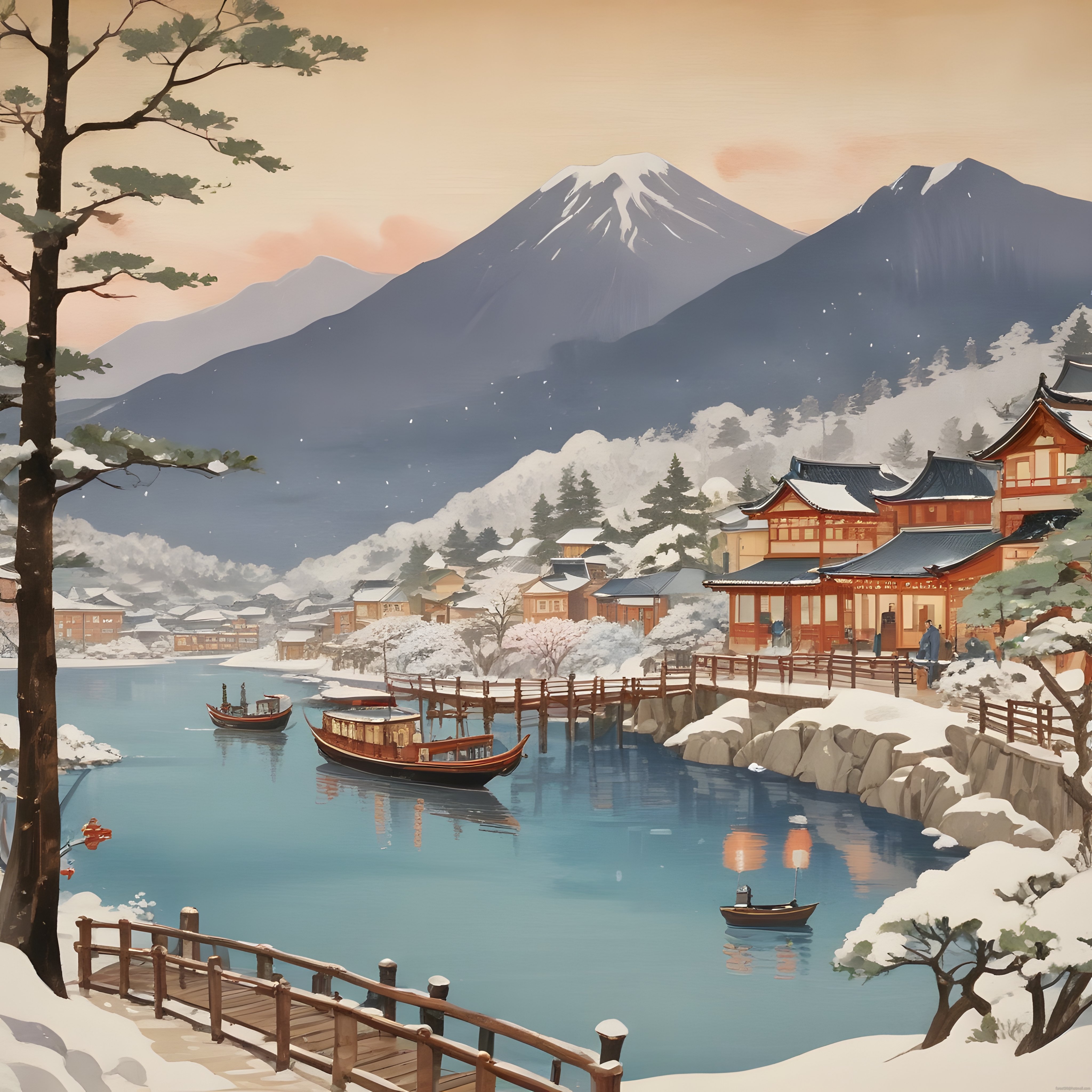 Ukiyo-e Tarzında Karlı Japon Gölü, Geleneksel Evler ve Mistik Dağ Manzarası