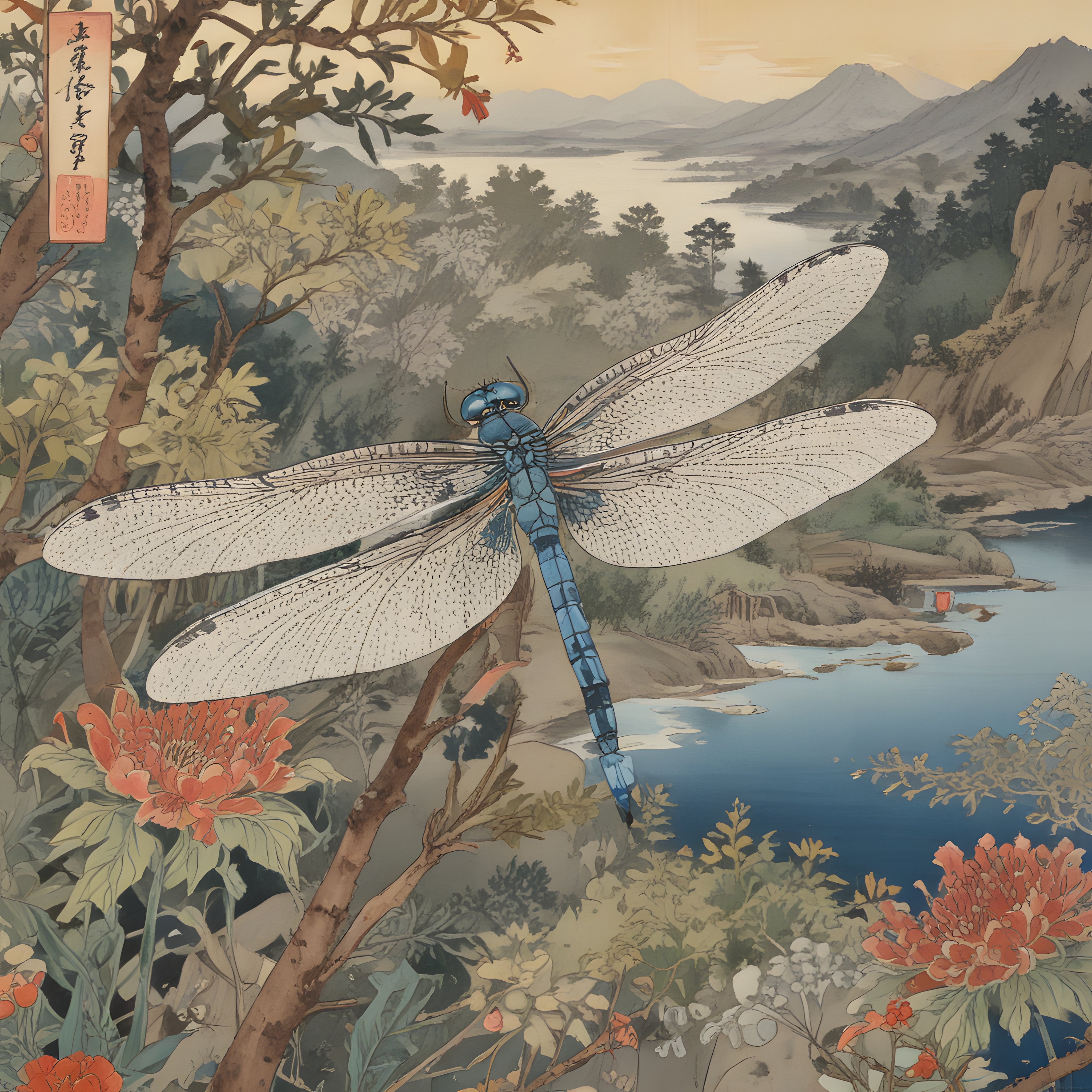 Ukiyo-e Tarzında Nehir Kenarında Konmuş Mavi Yusufçuk ve Dağ Manzarası