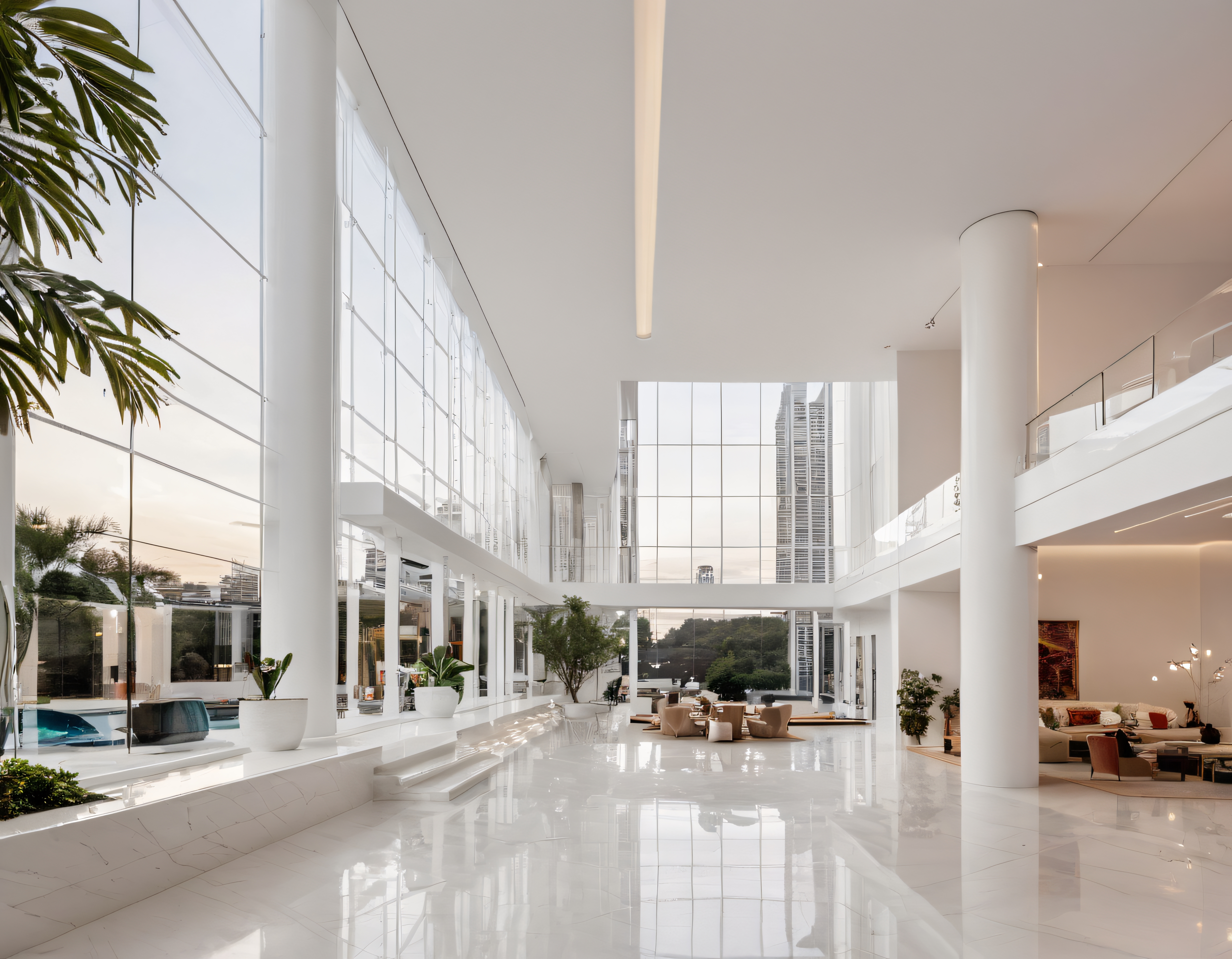 Ultra Lüks Otel Lobisi: Yüksek Tavanlı Beyaz İç Mekan, Cam Cephe ve Havuz