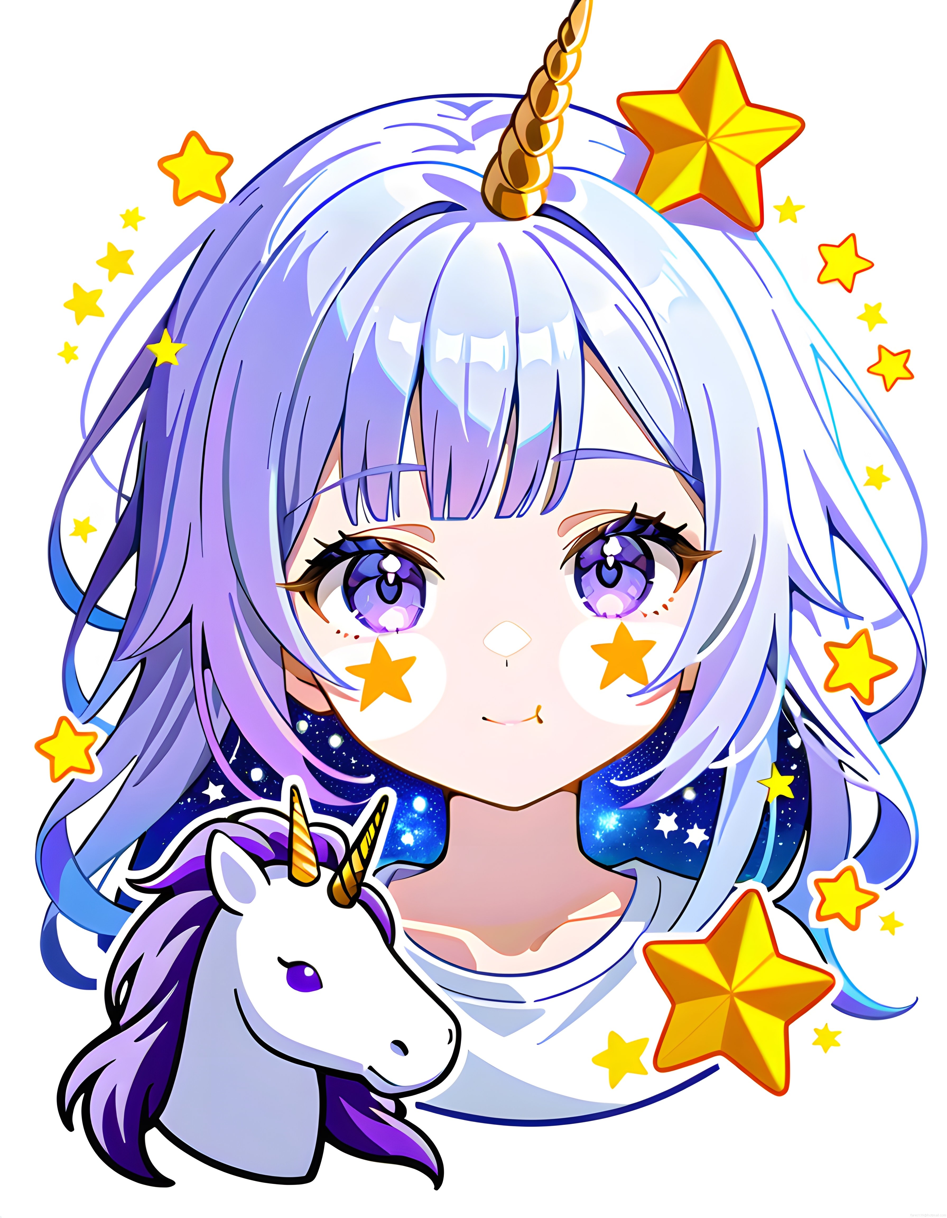 Unicorn Boynuzlu Mor Saçlı Anime Kız ve Masalsı Yıldızlı Dijital İllüstrasyon